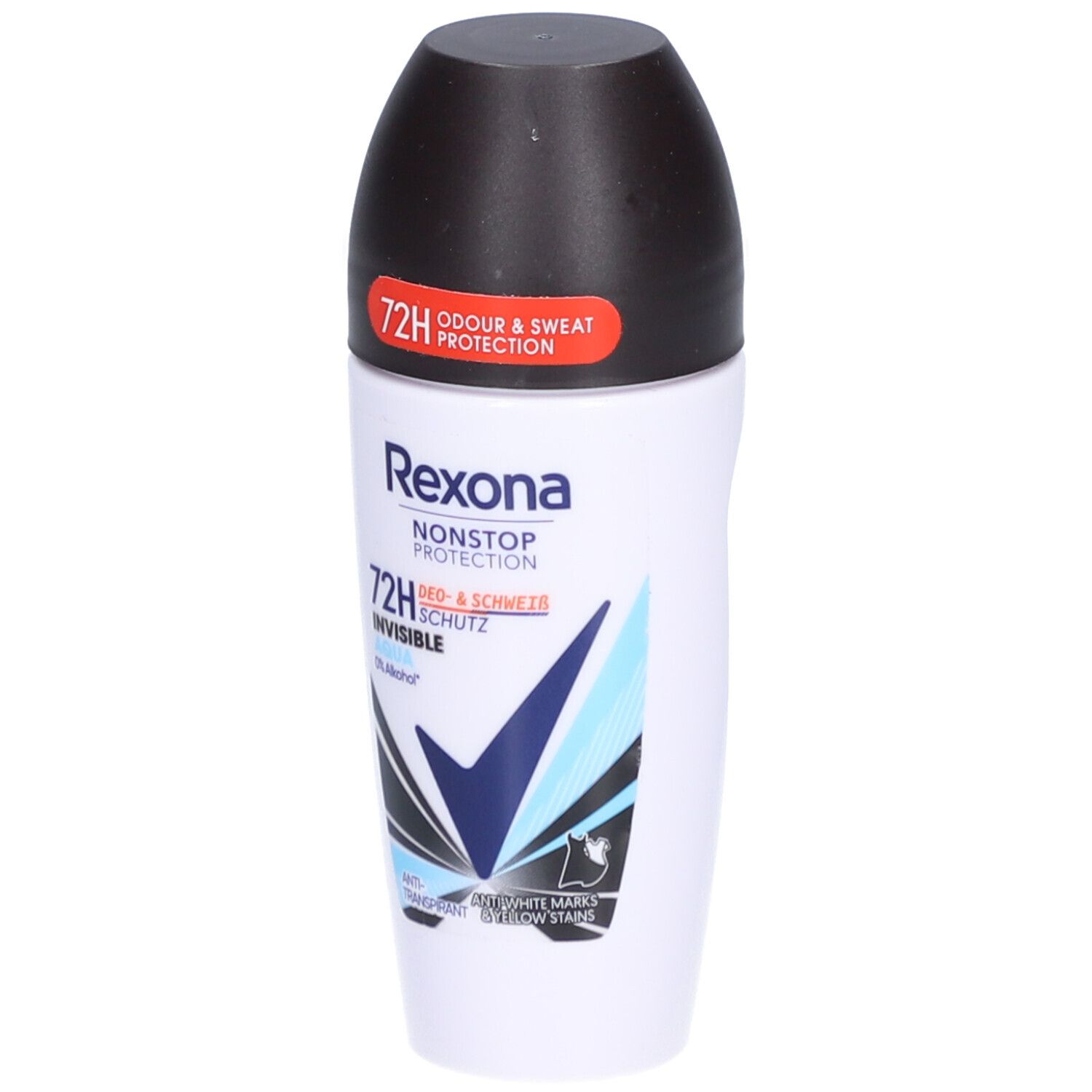 Weißer Roll-on-Deo mit schwarzem Deckel. Text: Rexona, Nonstop Protection, 72H, Invisible. Blaue und schwarze Grafik.