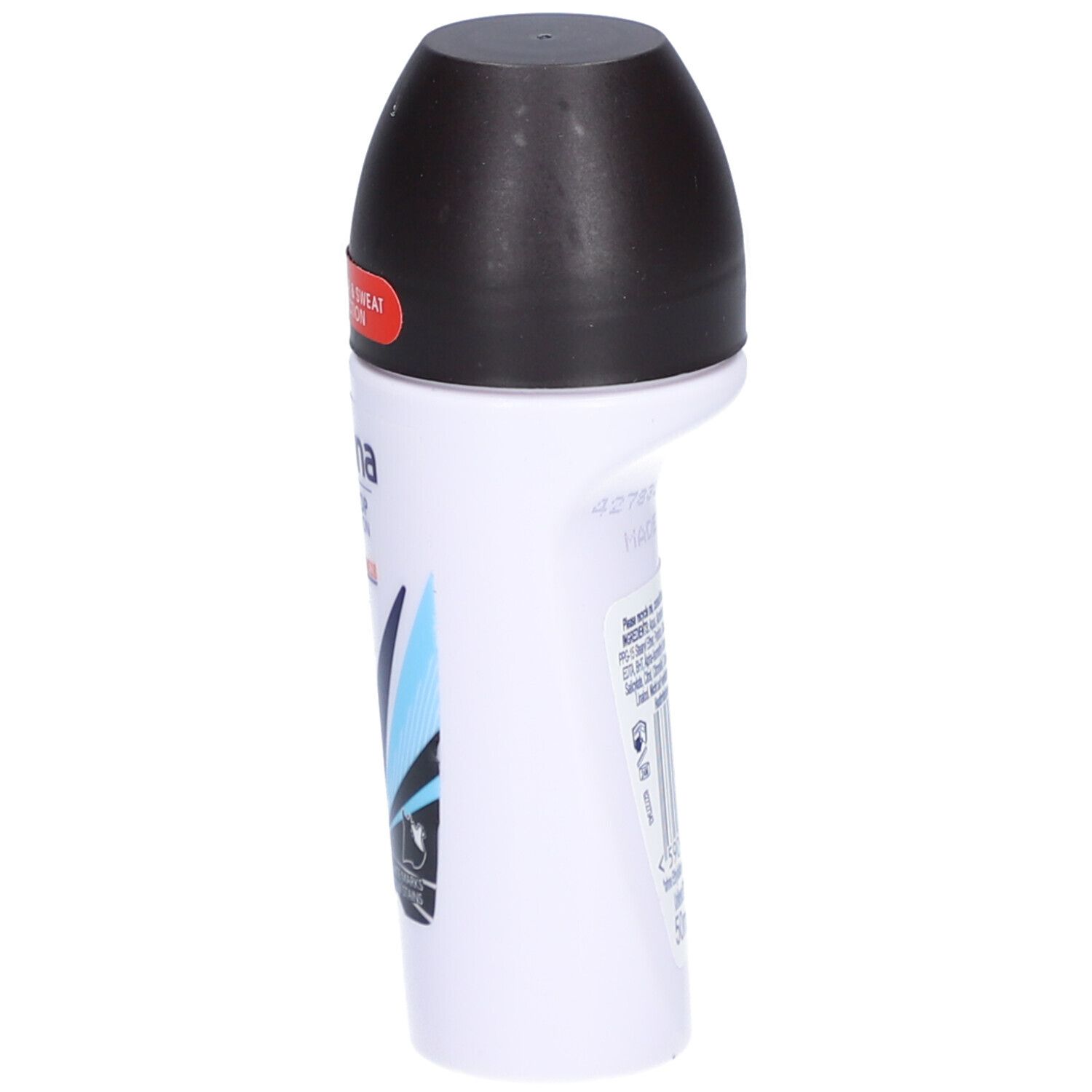Weißer Roll-on-Deo mit schwarzem Deckel. Seitenansicht. Text: Rexona, 72H, Invisible. Etikett mit Informationen.