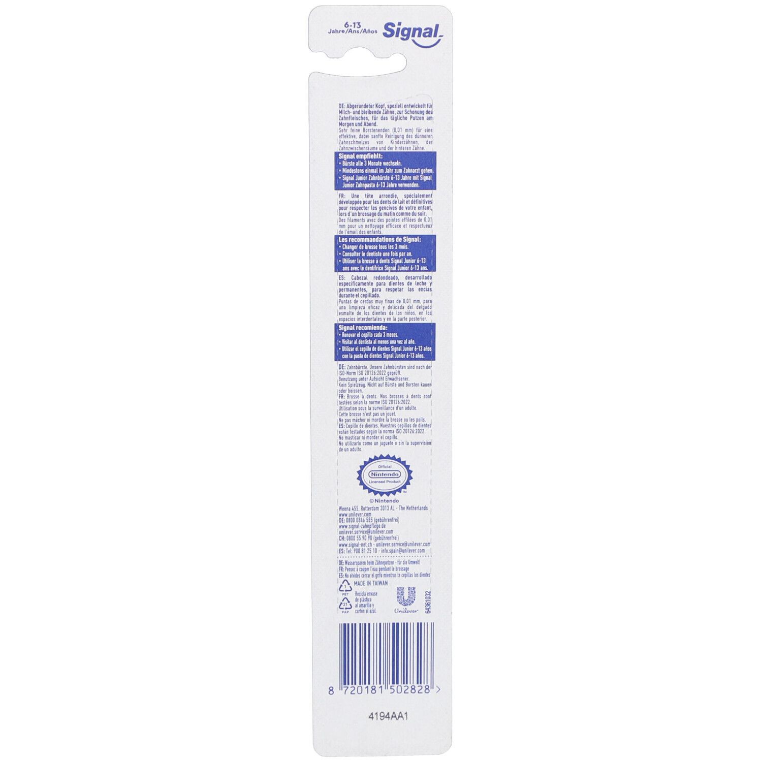 Rückseite der Zahnbürstenverpackung. Text in mehreren Sprachen. Signal-Logo. Barcode und Zertifizierungen.
