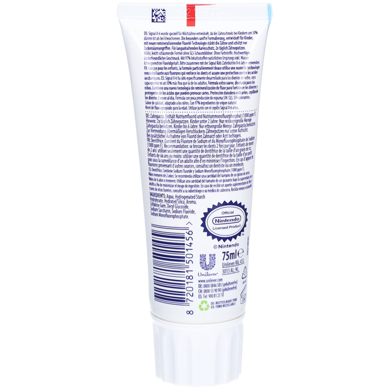 Rückseite der Zahncreme-Tube. Text in mehreren Sprachen. Nintendo-Logo. Volumen: 75ml.