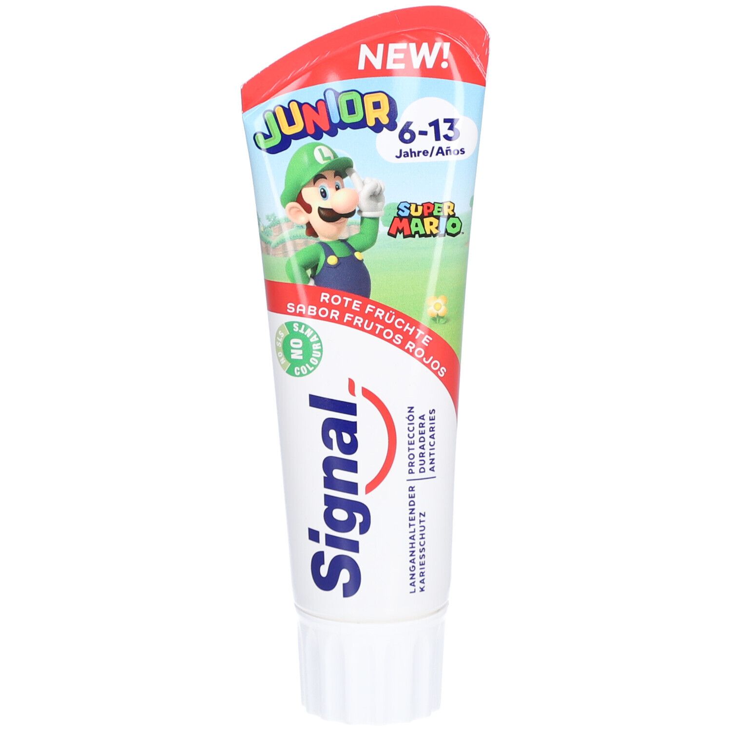 Tube de dentifrice Signal Junior rouge, avec Luigi. Inscription : Junior, 6-13 ans, fruits rouges. Avec 'NEW!'