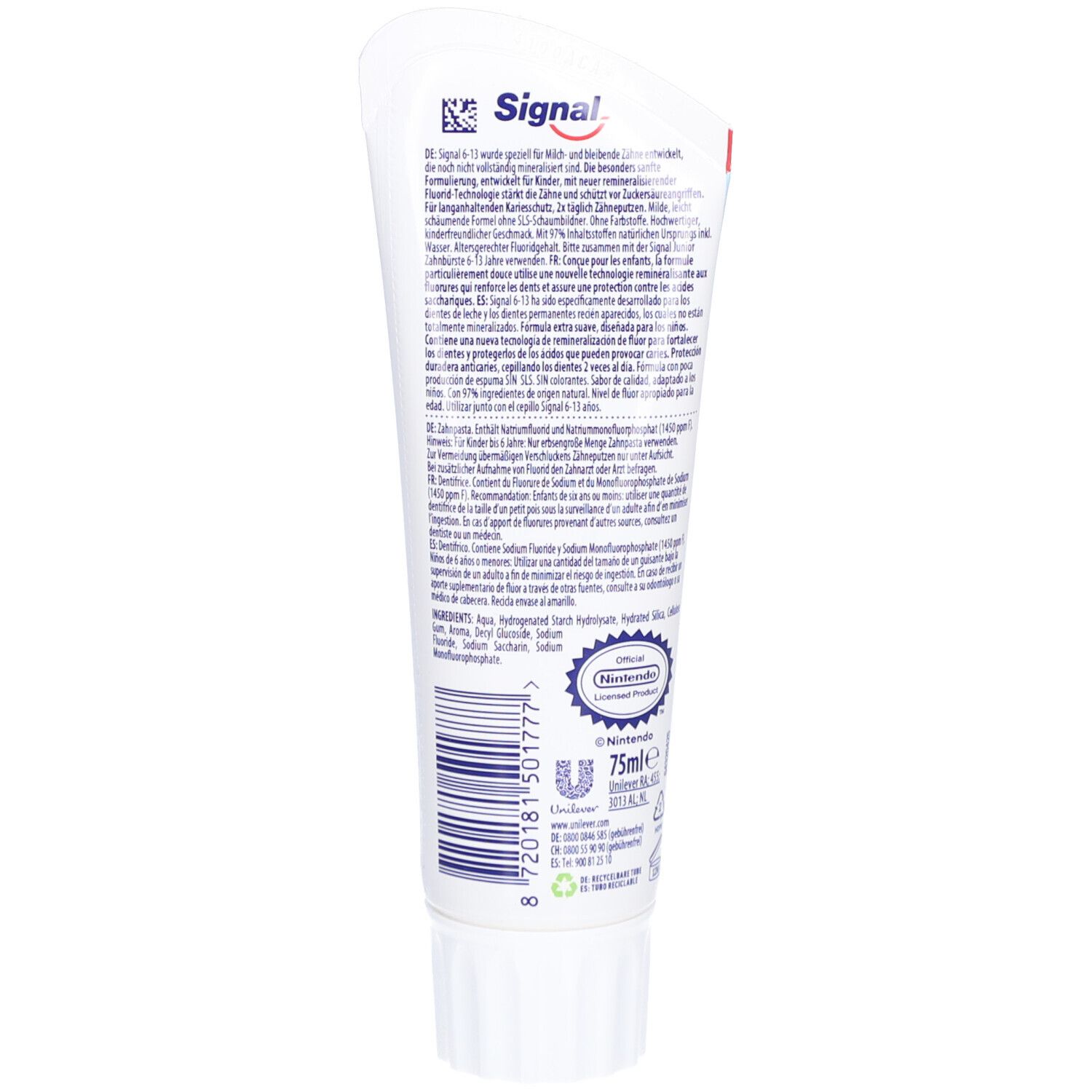 Dos du tube de dentifrice Signal Junior. Texte multilingue. Avec logo et indication de 75 ml.