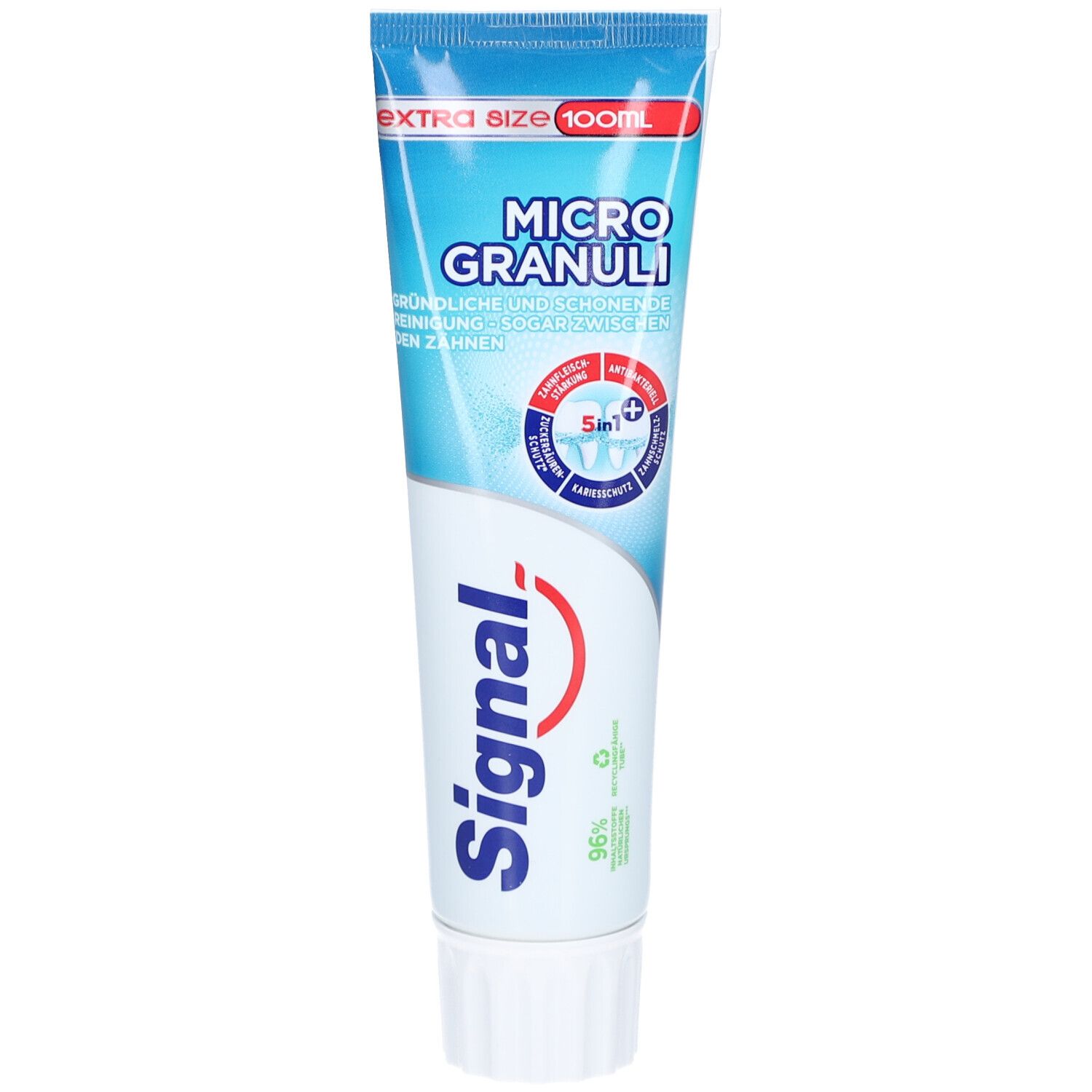 Tube de dentifrice bleu et blanc. Inscription "Micro Granuli" et "Signal". Formule 5 en 1. Extra Size 100ml.