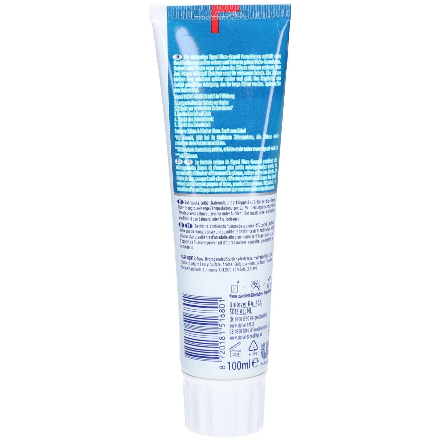 Dos du tube de dentifrice. Texte en plusieurs langues. Ingrédients et informations du fabricant. 100ml.