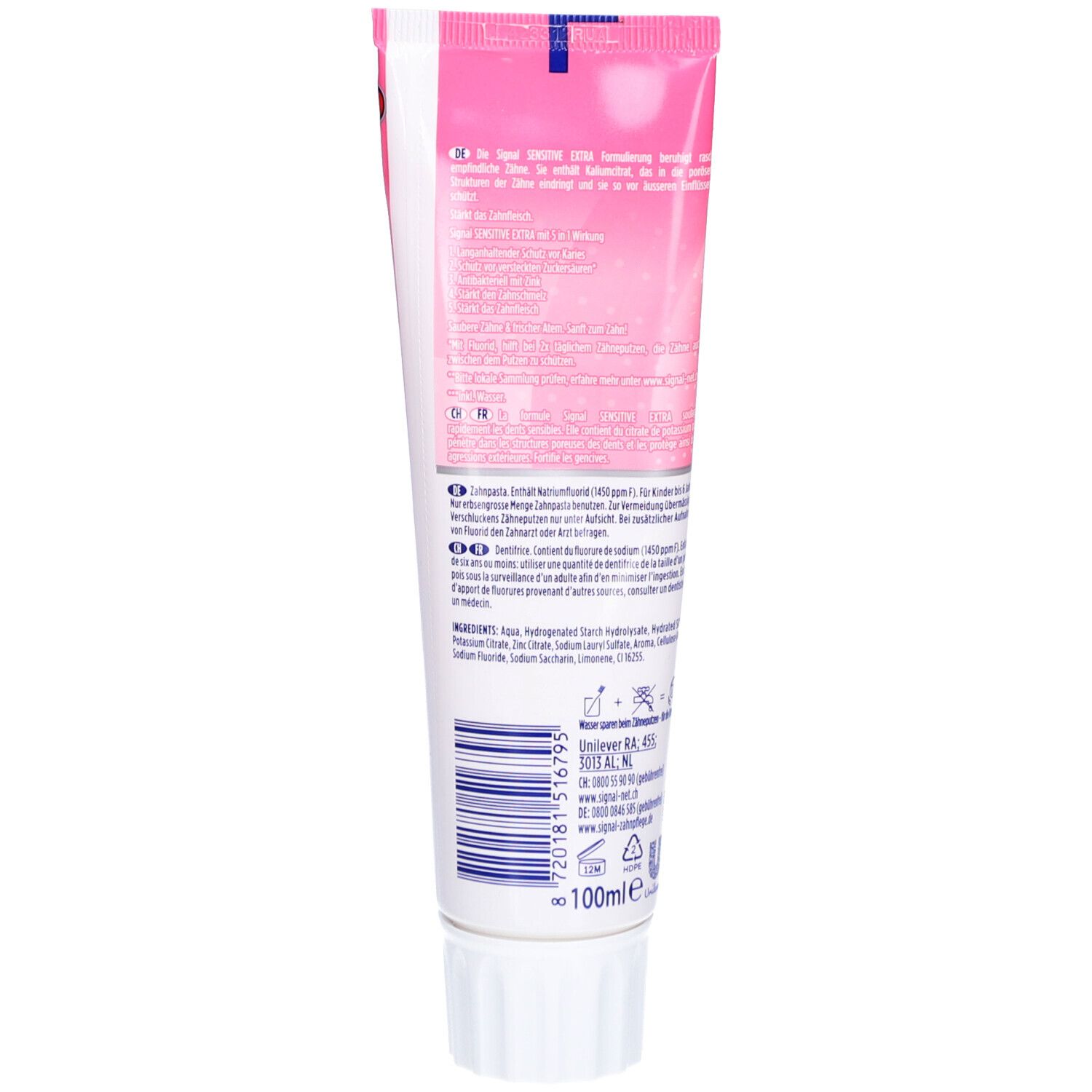 Rückseite der Tube. Text und Inhaltsstoffe. Unten: "100ml".