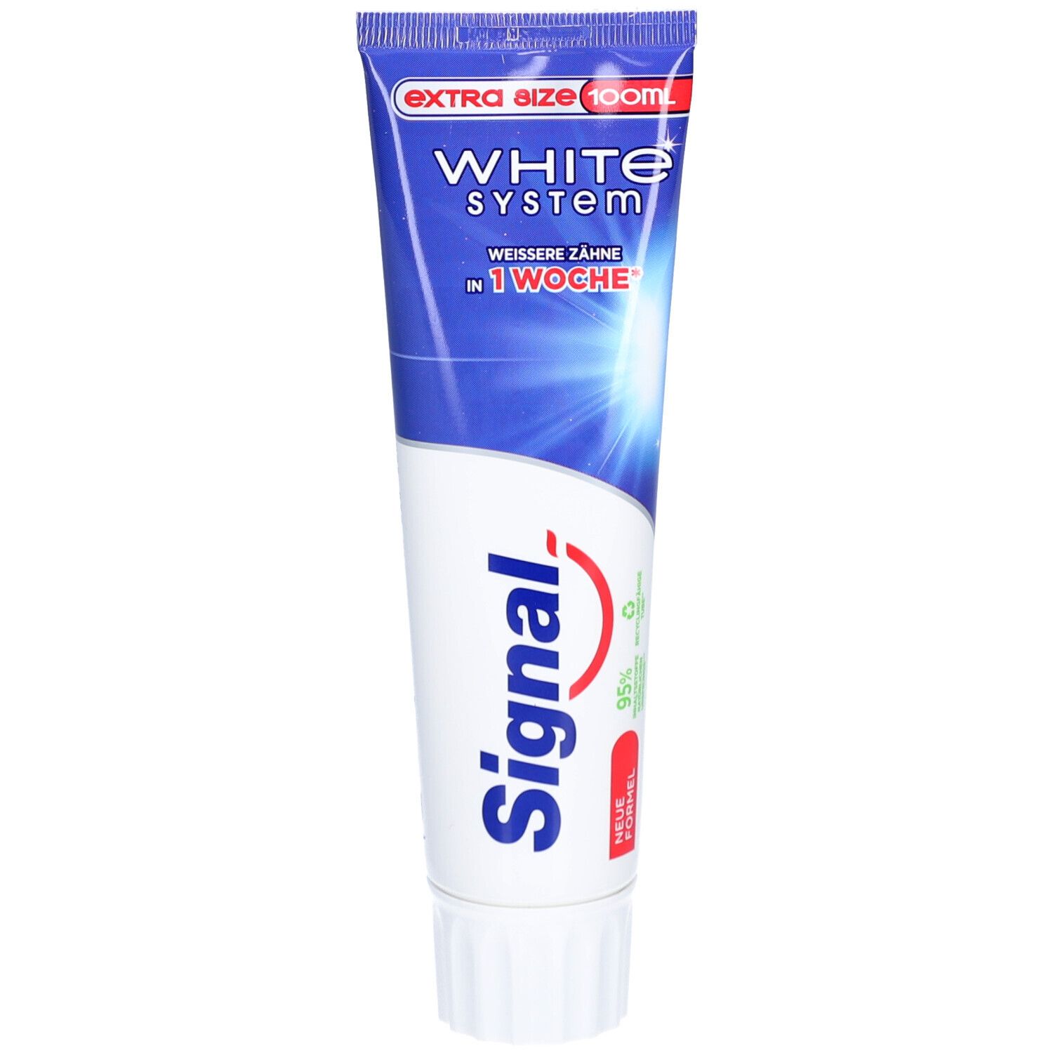 Signal White System Zahnpasta. Blaue Tube mit weißem Deckel. Aufschrift: White System, weissere Zähne in 1 Woche.