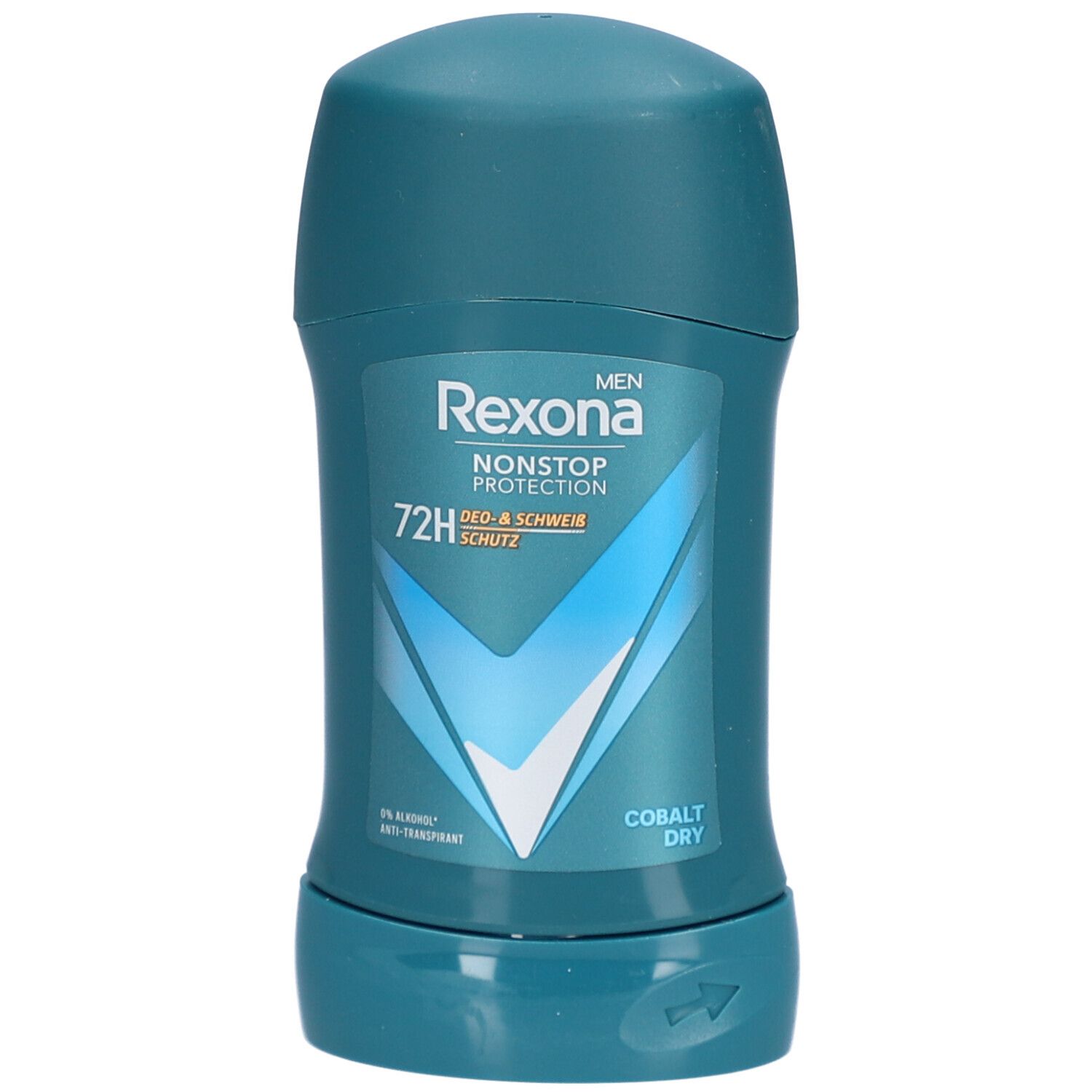 Antitranspirant-Deostick, blau. Text: Rexona Men, Nonstop Protection, 72H Schutz, Cobalt Dry. Enthält Alkohol.