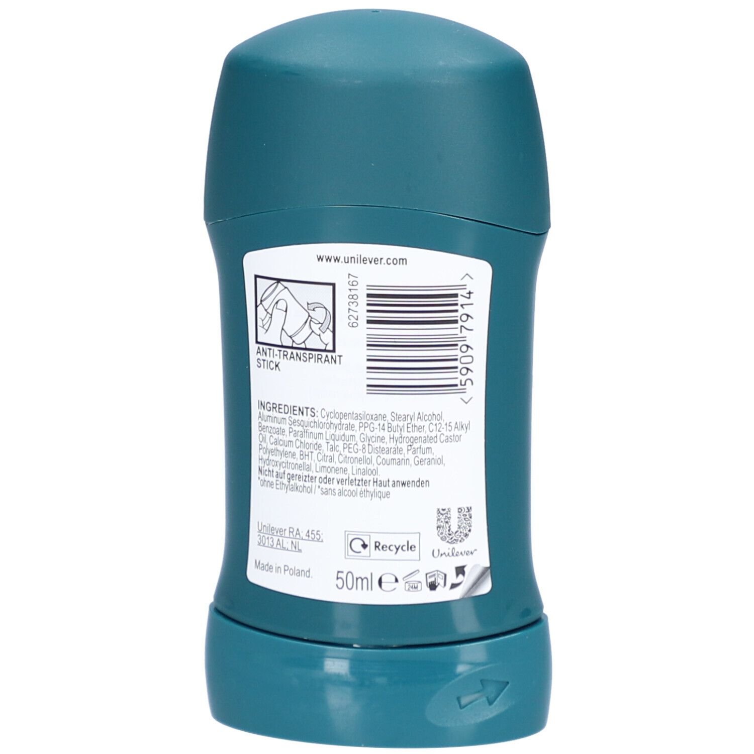 Rückseite des Antitranspirant-Deosticks. Text: Inhaltsstoffe, 50ml, Unilever. Mit Recycling-Symbol.