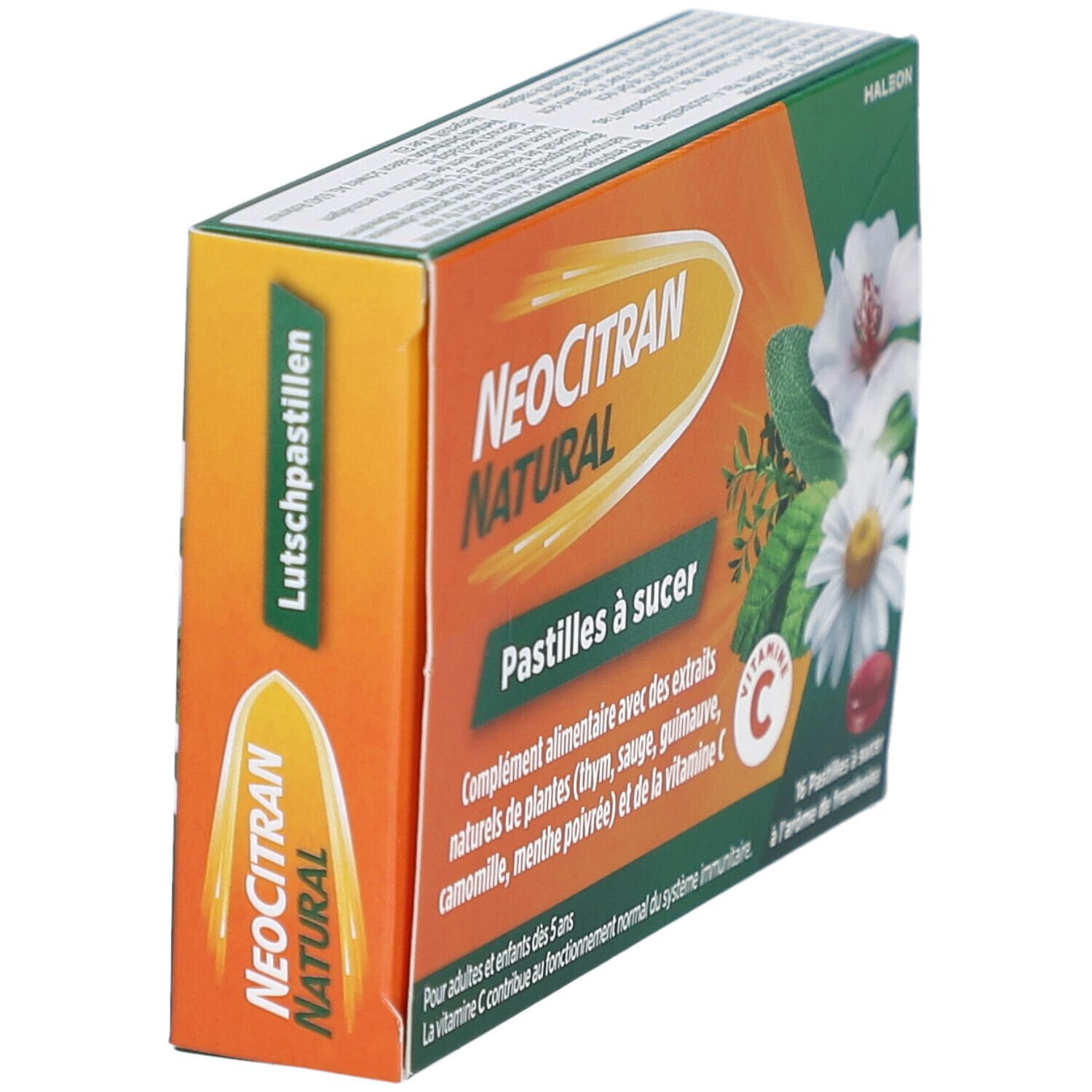 Boîte de NEOCITRAN NATURAL Pastilles à sucer. Emballage orange et vert, nom du produit et texte. Vue latérale.