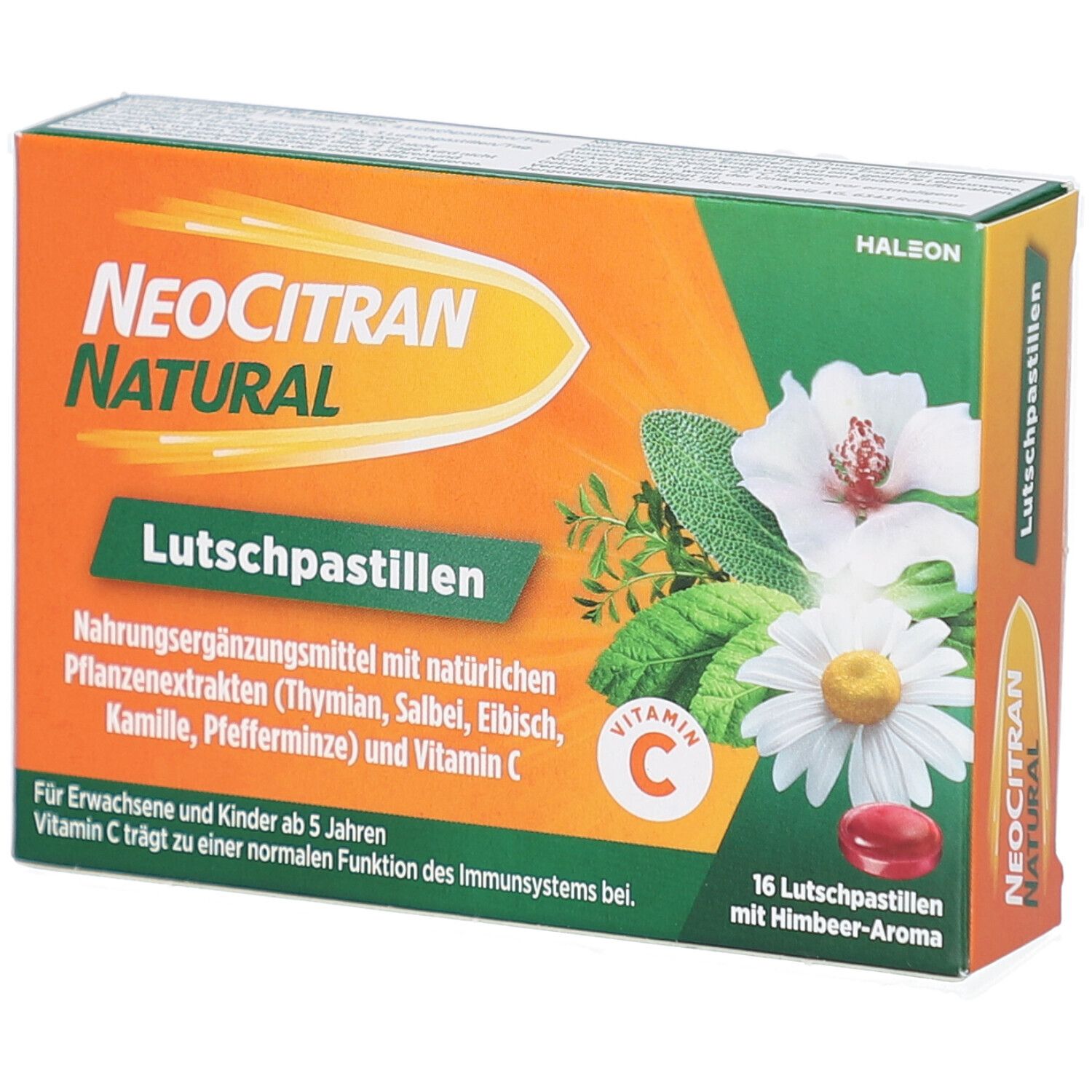 Boîte de NEOCITRAN NATURAL Pastilles à sucer. Emballage orange et vert avec nom, ingrédients et 16 pastilles.