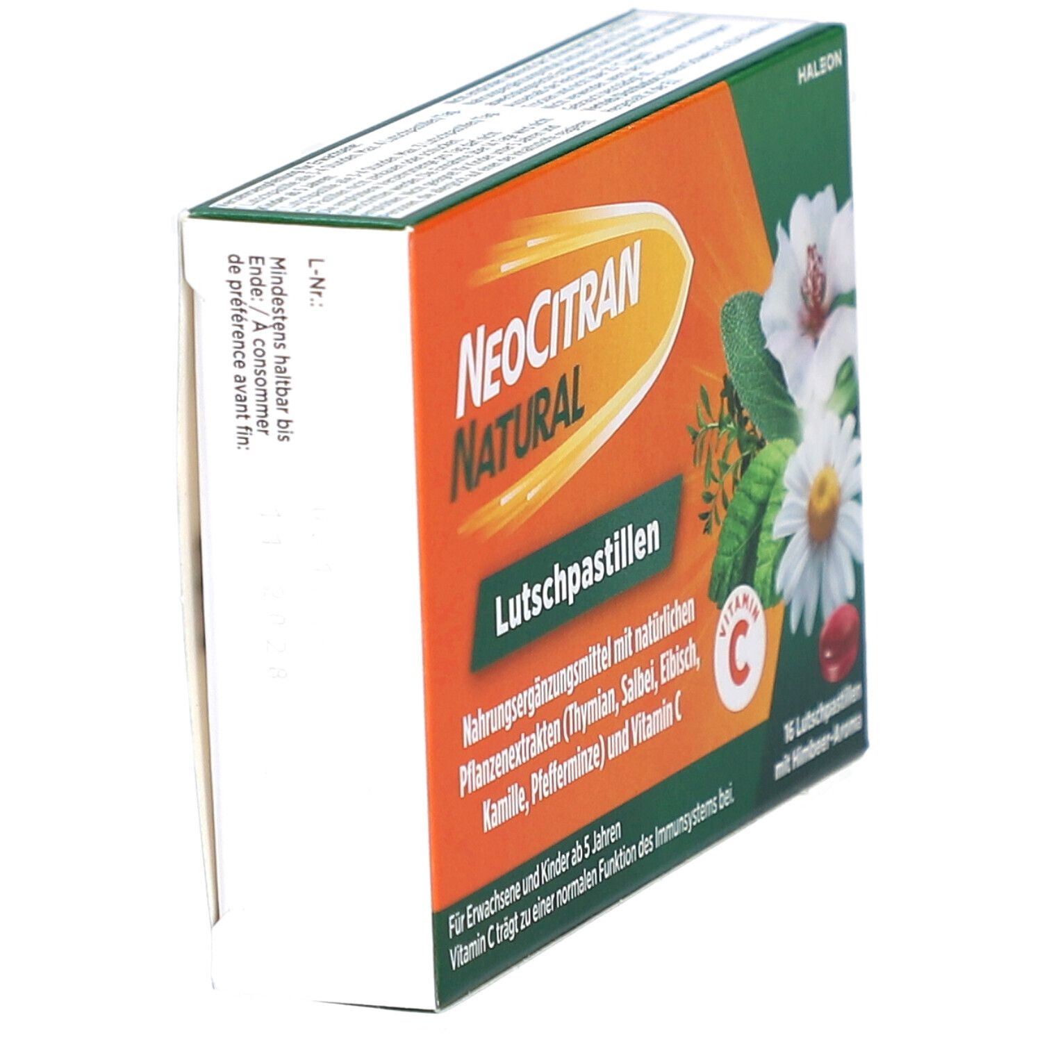 Boîte de NEOCITRAN NATURAL Pastilles à sucer. Emballage orange et vert, nom du produit et texte. Vue latérale.
