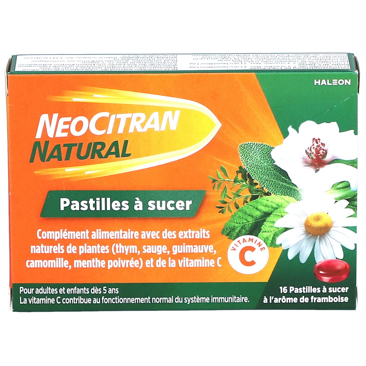 Boîte de NEOCITRAN NATURAL Pastilles à sucer. Emballage orange et vert avec nom, ingrédients et 16 pastilles.