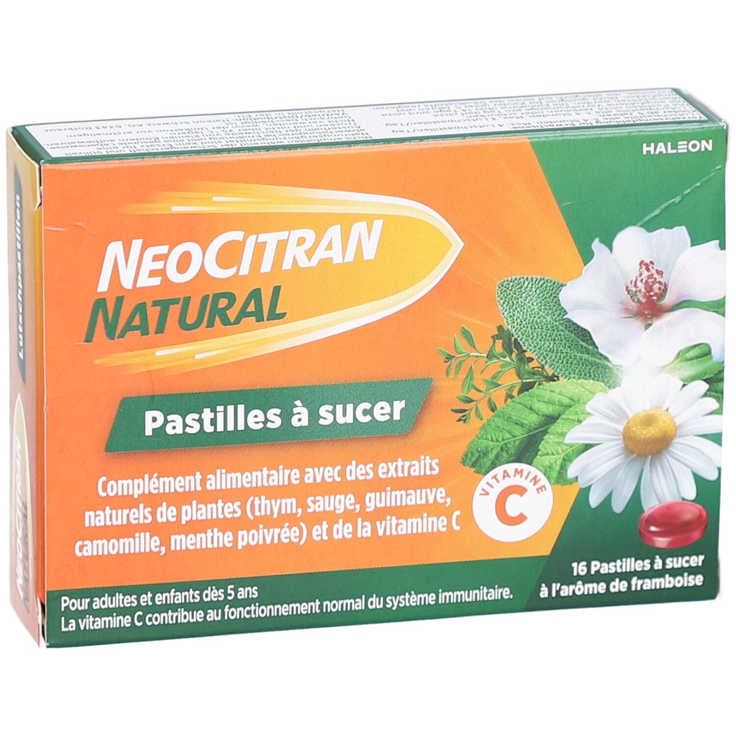 Boîte de NEOCITRAN NATURAL Pastilles à sucer. Emballage orange et vert avec nom, ingrédients et 16 pastilles.