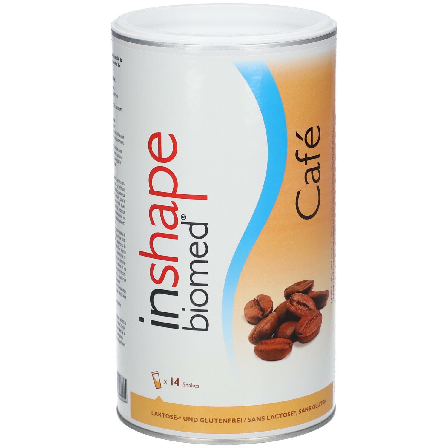 Zylindrische Dose Biomed® inshape Café. Weiß, braun und blau. Aufschrift: Café, inshape biomed, 14 Shakes, laktose- und glutenfrei.