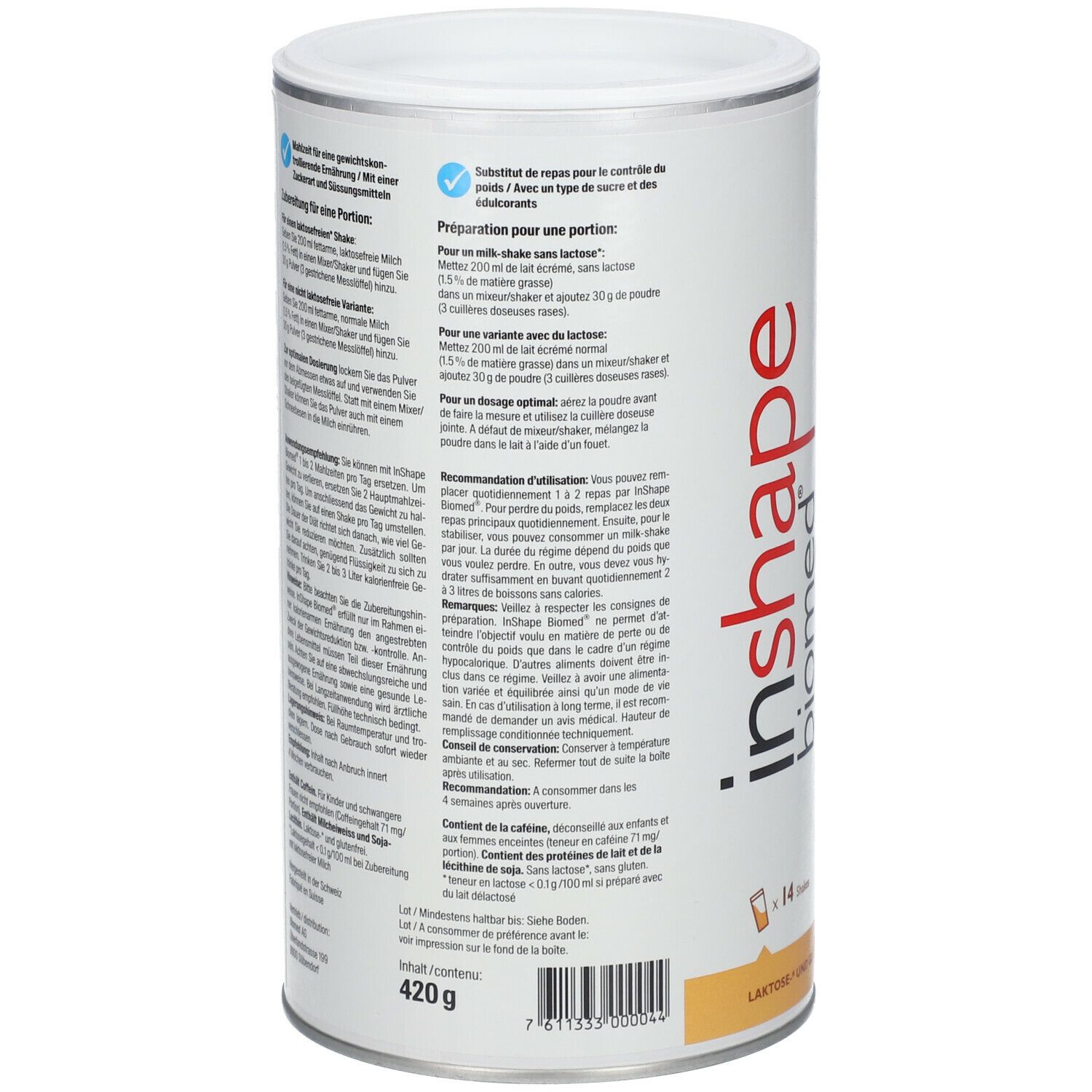 Rückseite der Dose Biomed® inshape Café. Text in Deutsch. Enthält Informationen zur Zubereitung und Inhaltsstoffe. Gewicht: 420 g.