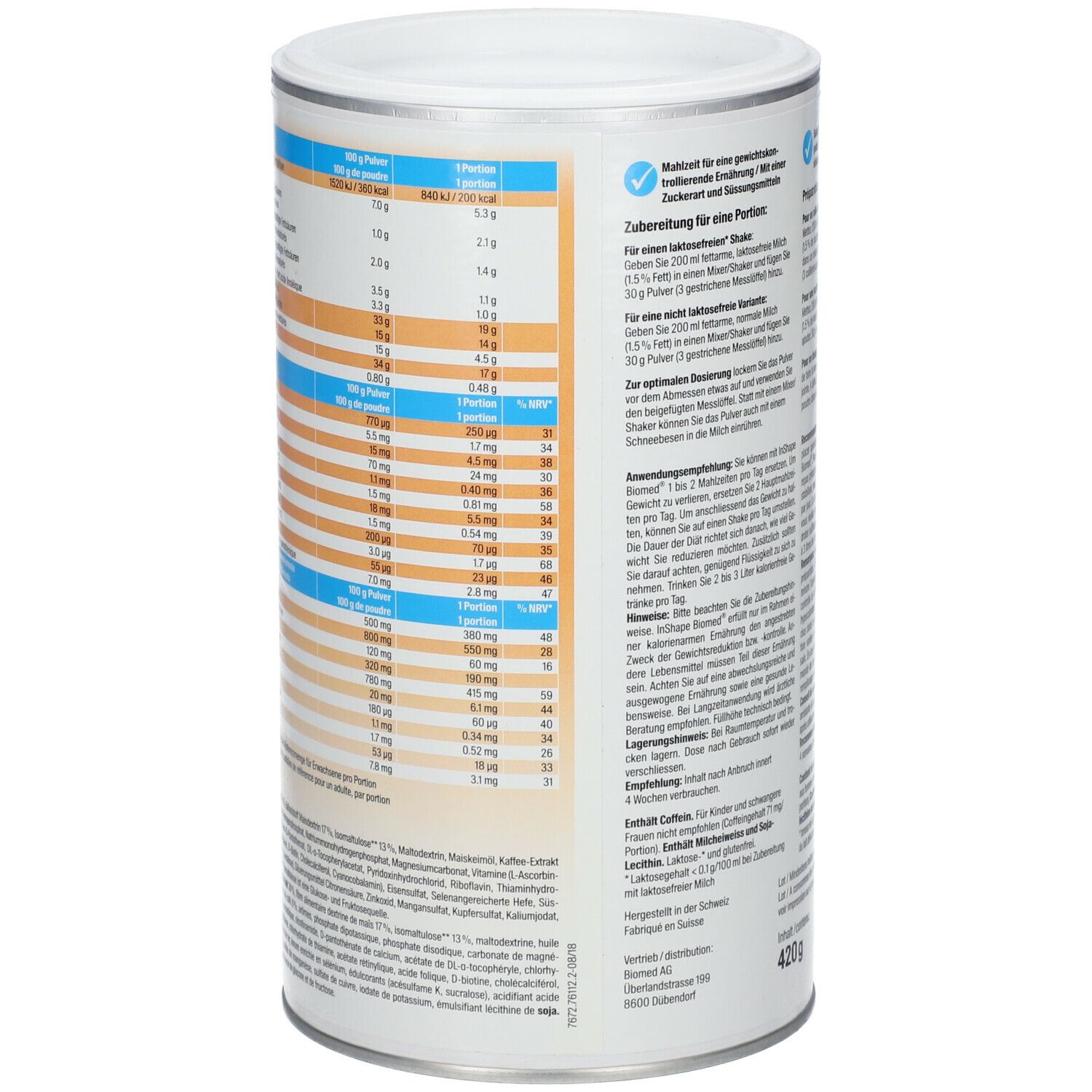 Rückseite der Dose Biomed® inshape Café. Nährwerttabelle mit Informationen zu Fett, Kohlenhydraten, Proteinen und Vitaminen. Gewicht: 420 g.