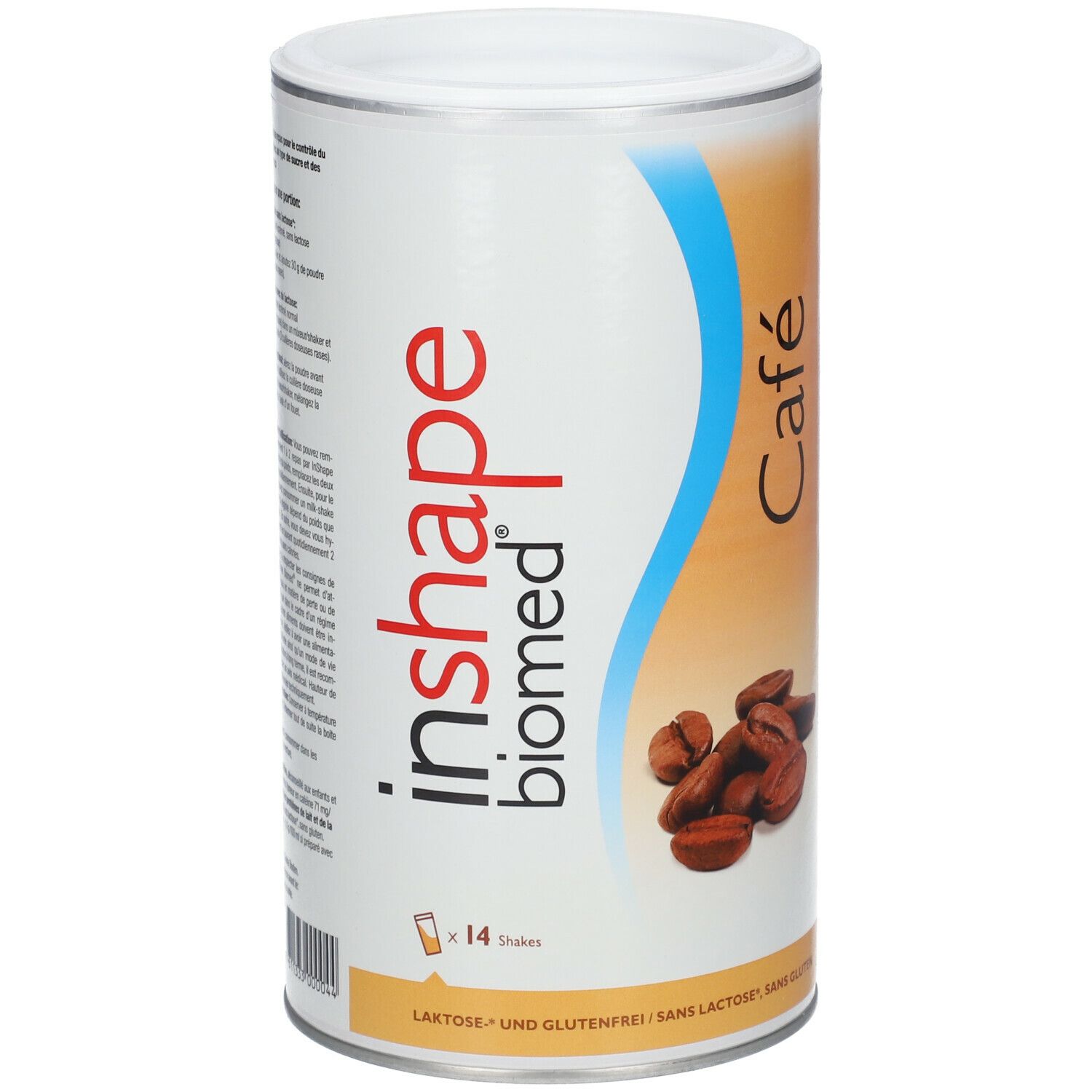 Zylindrische Dose Biomed® inshape Café. Weiß, braun und blau. Aufschrift: Café, inshape biomed, 14 Shakes, laktose- und glutenfrei.