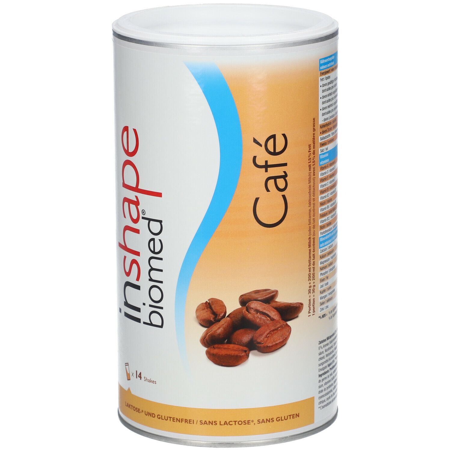 Zylindrische Dose Biomed® inshape Café. Weiß, braun und blau. Aufschrift: Café, inshape biomed, 14 Shakes, laktose- und glutenfrei.