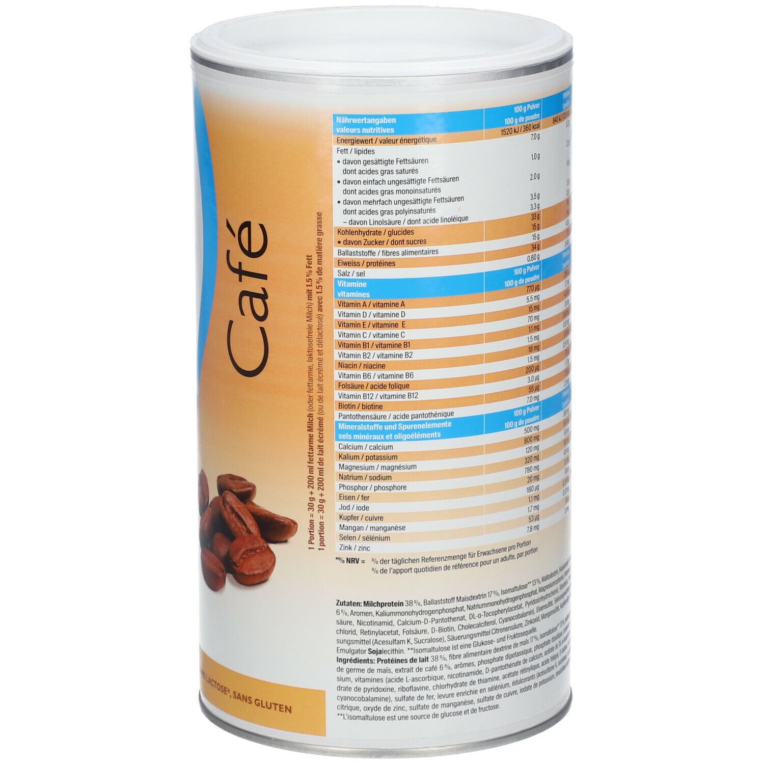 Rückseite der Dose Biomed® inshape Café. Nährwerttabelle mit Informationen zu Fett, Kohlenhydraten, Proteinen und Vitaminen. Gewicht: 420 g.