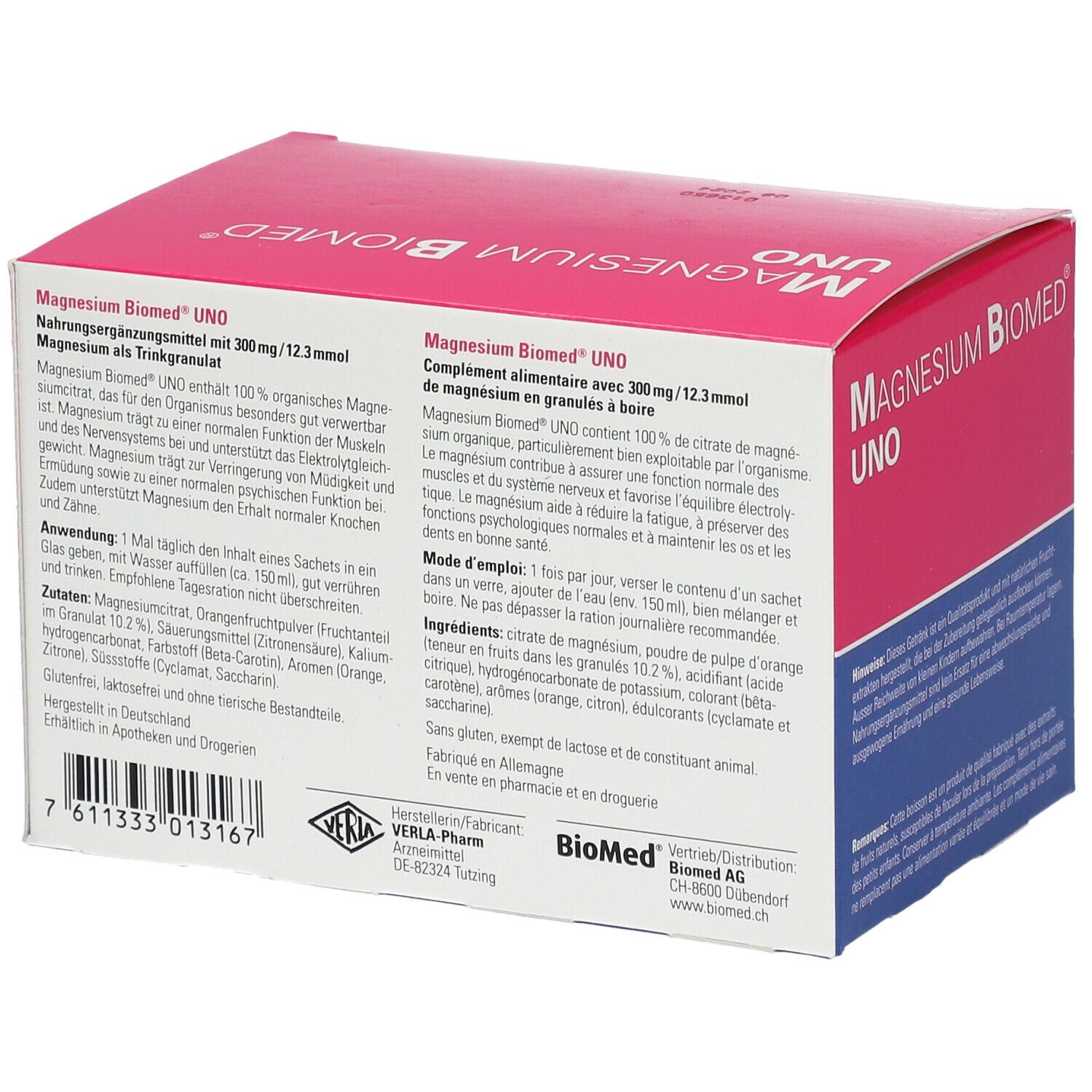 Rückseite der "Magnesium Biomed UNO" Schachtel. Text in Deutsch und Französisch. Inhaltsstoffe.