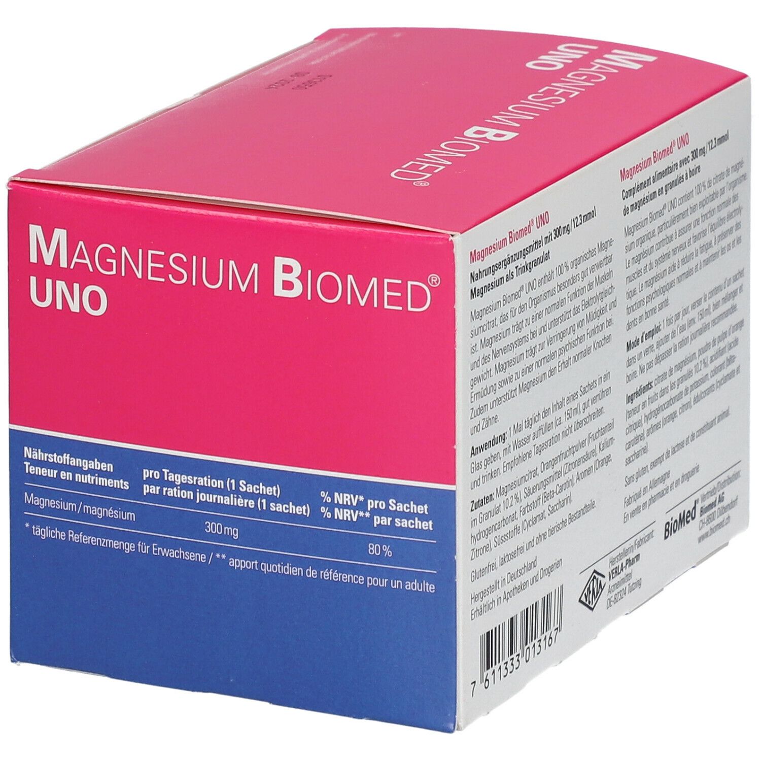 Schachtel "Magnesium Biomed UNO". Text mit Nährwertangaben. Rosa-blau. "Magnesium Biomed".