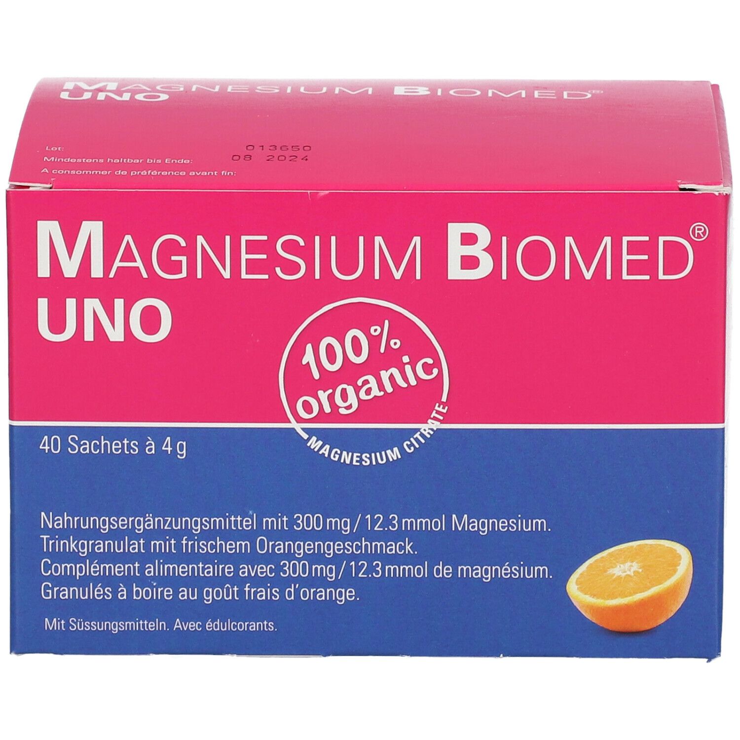 Rosa-blaue Schachtel "Magnesium Biomed UNO". 40 Sachets. Orange-Abbildung. "100% organic".