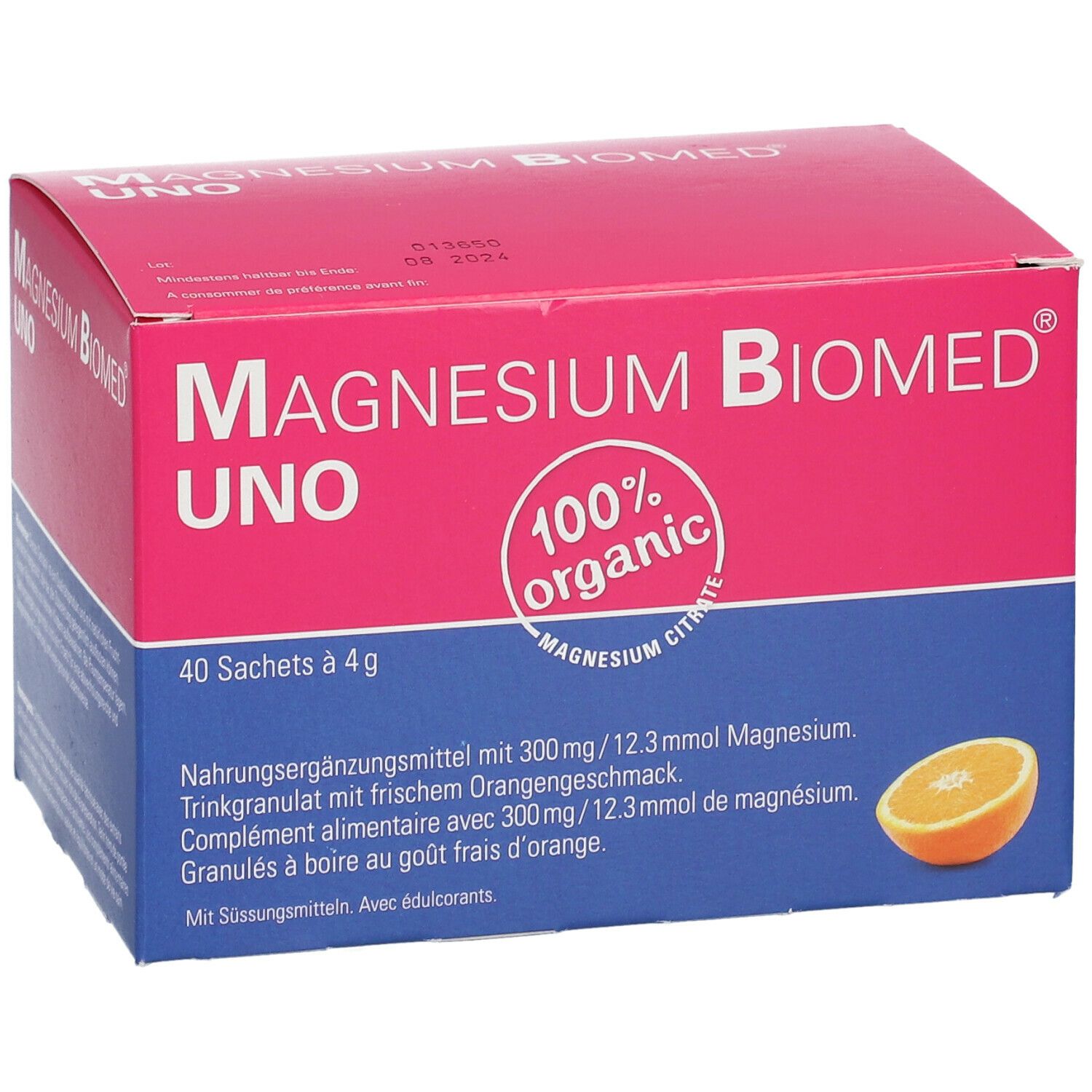 Rosa-blaue Schachtel "Magnesium Biomed UNO". 40 Sachets. Orange-Abbildung. "100% organic".
