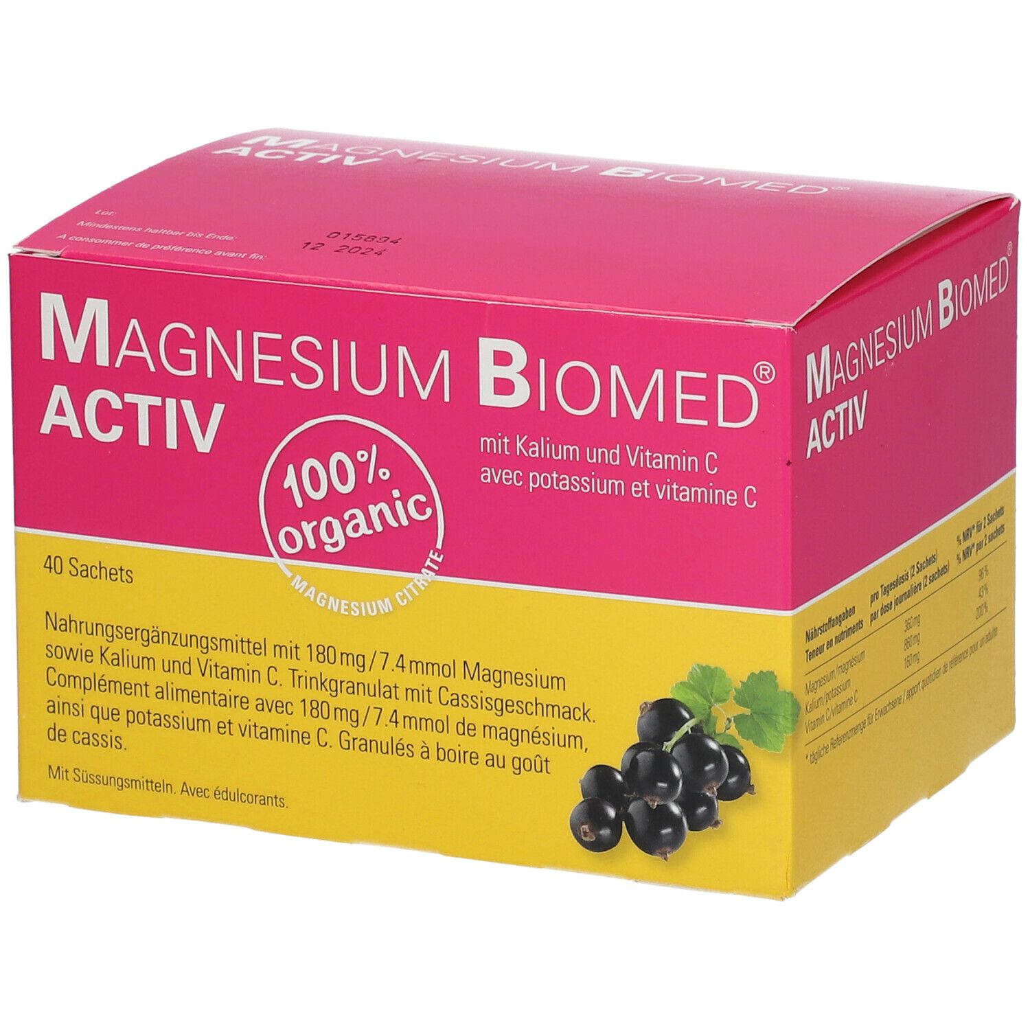 Boîte rose et jaune "Magnesium Biomed Activ". Contient 40 sachets. Illustration de cassis.
