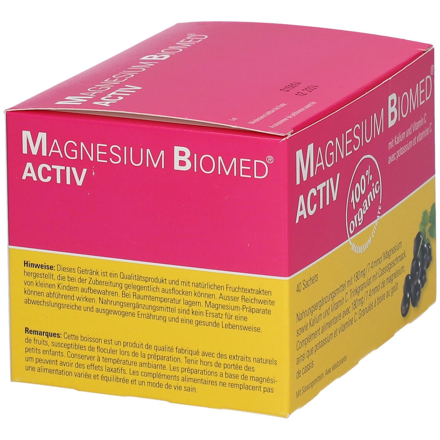 Boîte rose et jaune "Magnesium Biomed Activ". Texte avec conseils et avertissements. Illustration de cassis.