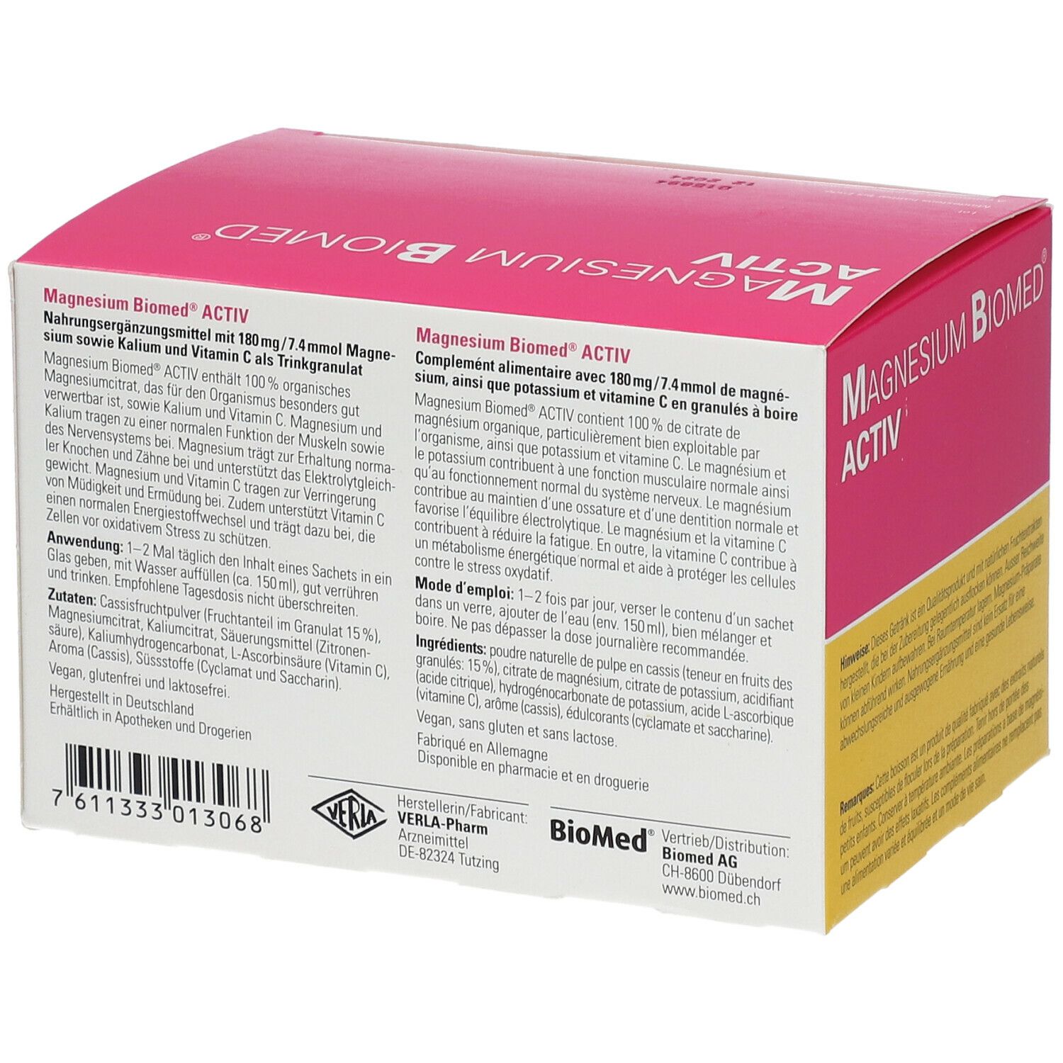 Dos de la boîte rose et jaune "Magnesium Biomed Activ". Texte avec ingrédients et mode d'emploi.