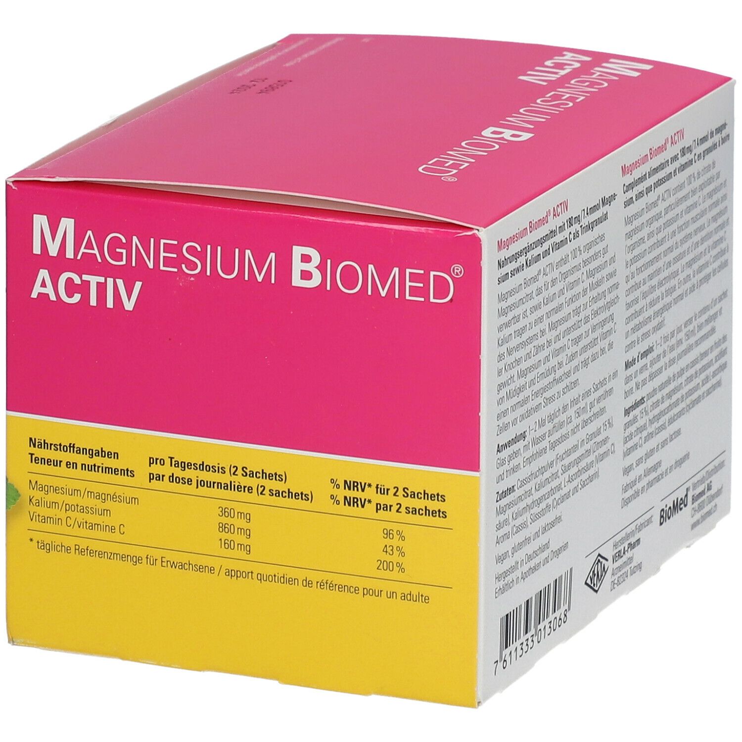 Côté de la boîte rose et jaune "Magnesium Biomed Activ". Informations nutritionnelles par dose journalière.