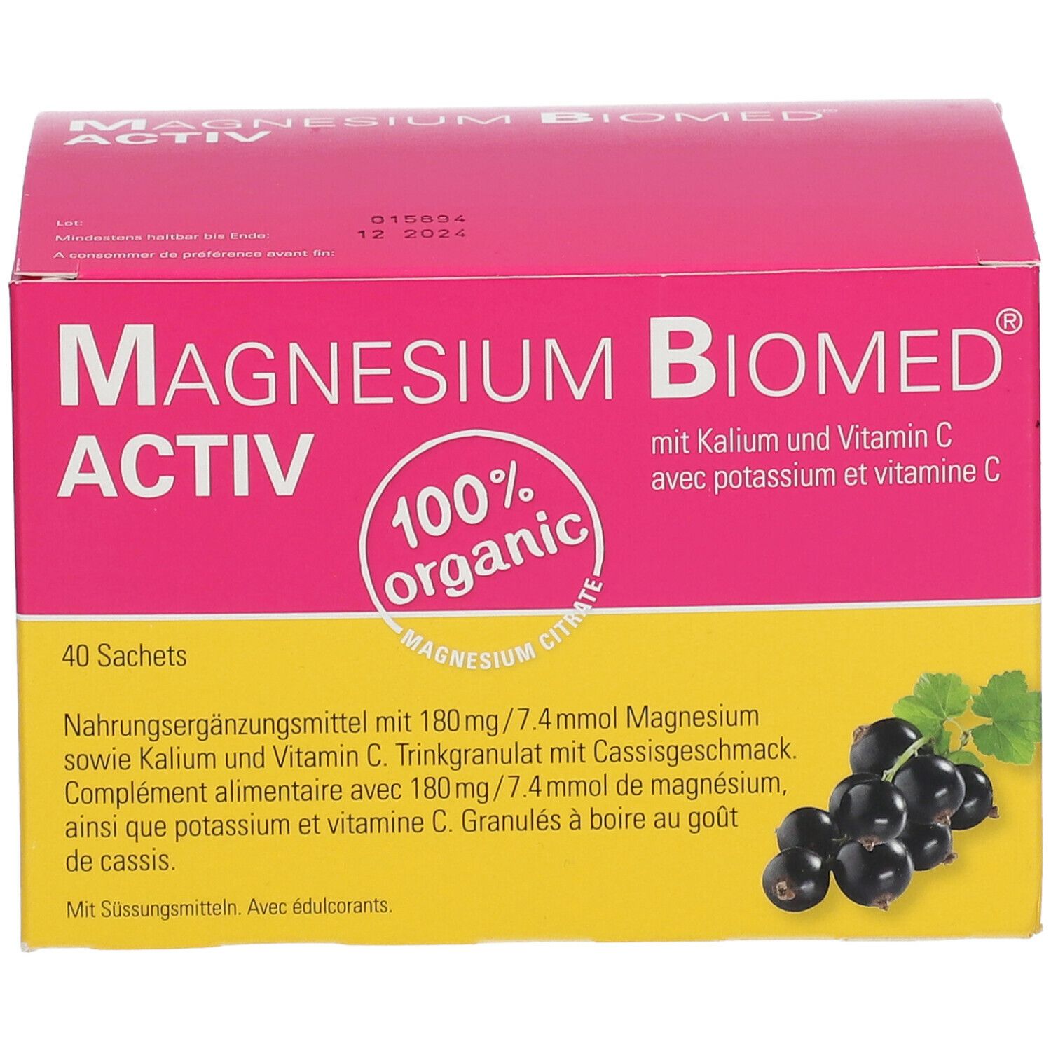 Boîte rose et jaune "Magnesium Biomed Activ". Contient 40 sachets. Illustration de cassis.