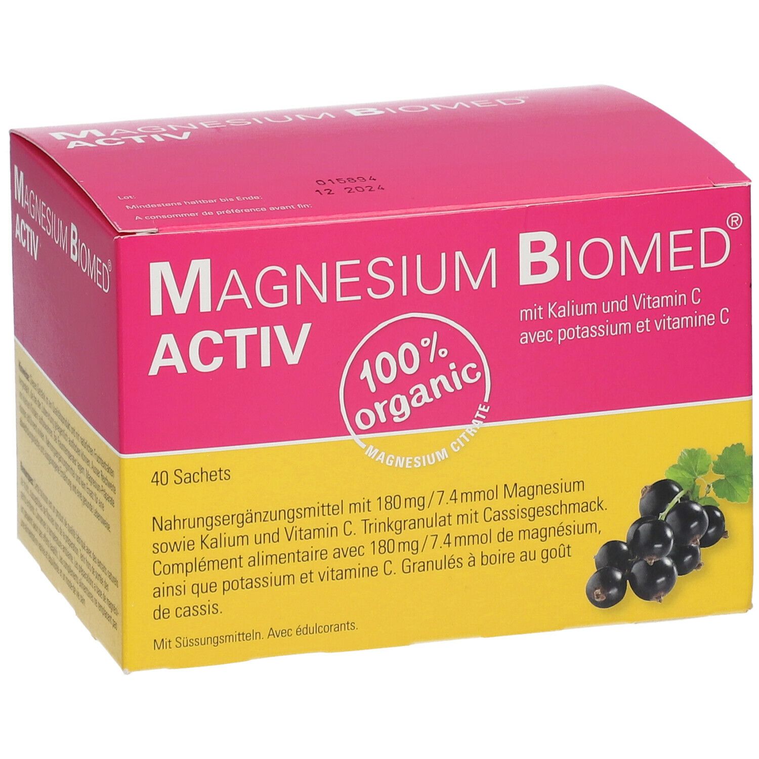 Boîte rose et jaune "Magnesium Biomed Activ". Contient 40 sachets. Illustration de cassis.