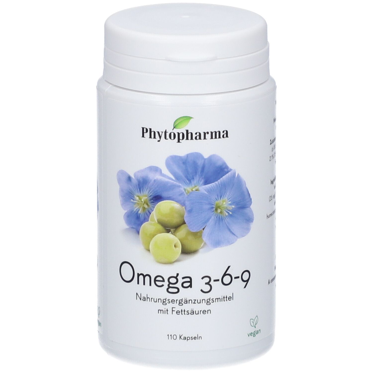 Weiße Flasche mit Omega 3-6-9 Kapseln. Aufdruck: Phytopharma, Blüten, Oliven, 110 Kapseln, vegan.