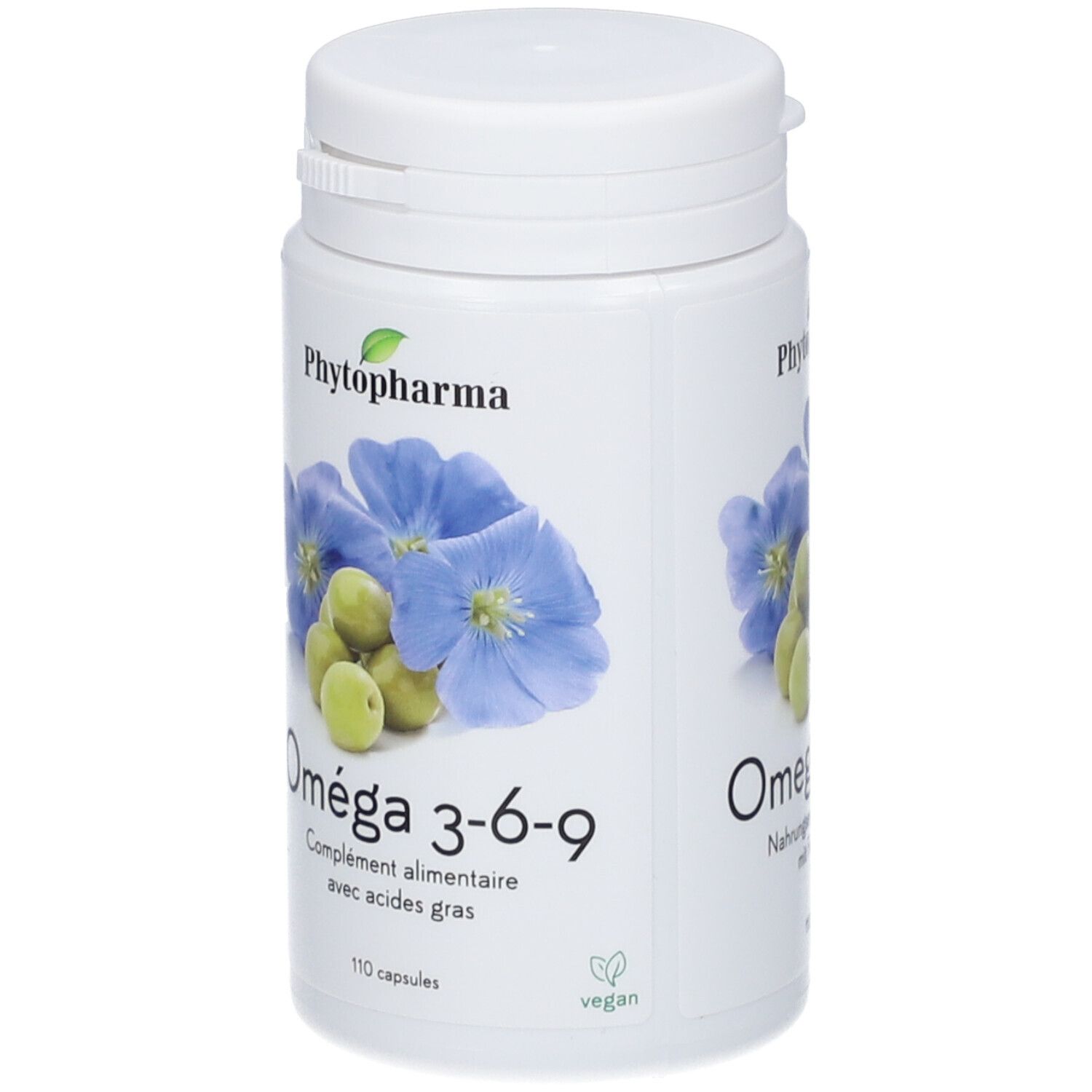 Weiße Flasche mit Omega 3-6-9 Kapseln. Aufdruck: Phytopharma, Blüten, Oliven, 110 Kapseln, vegan.