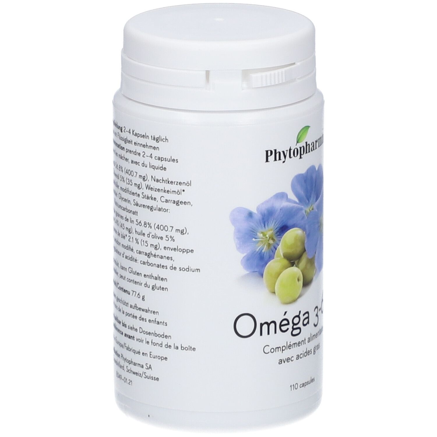 Weiße Flasche mit Omega 3-6-9 Kapseln. Aufdruck: Phytopharma, Blüten, Oliven, 110 Kapseln, vegan.
