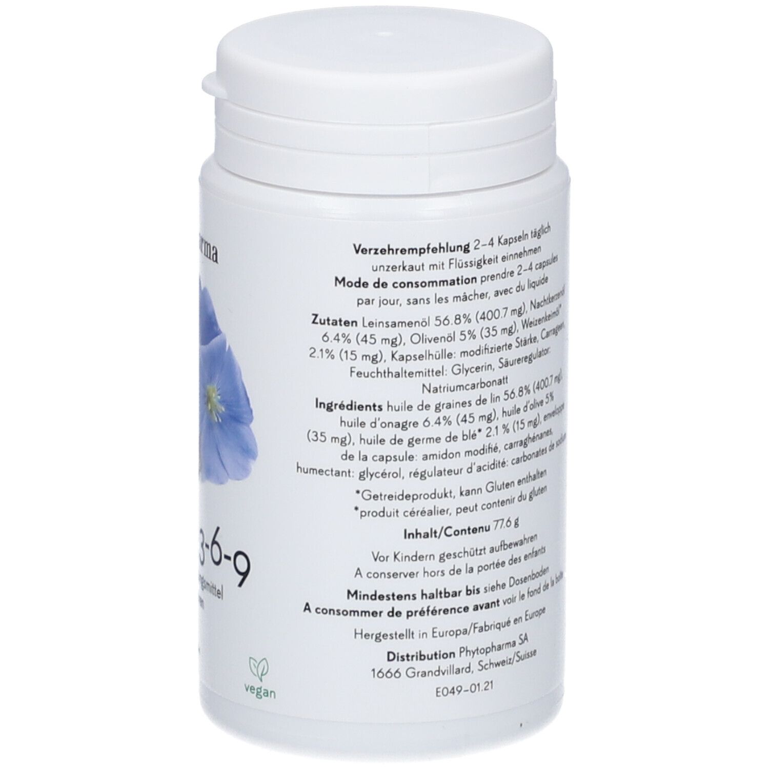 Weiße Flasche mit Omega 3-6-9 Kapseln. Aufdruck: Phytopharma, Blüten, Oliven, 110 Kapseln, vegan.