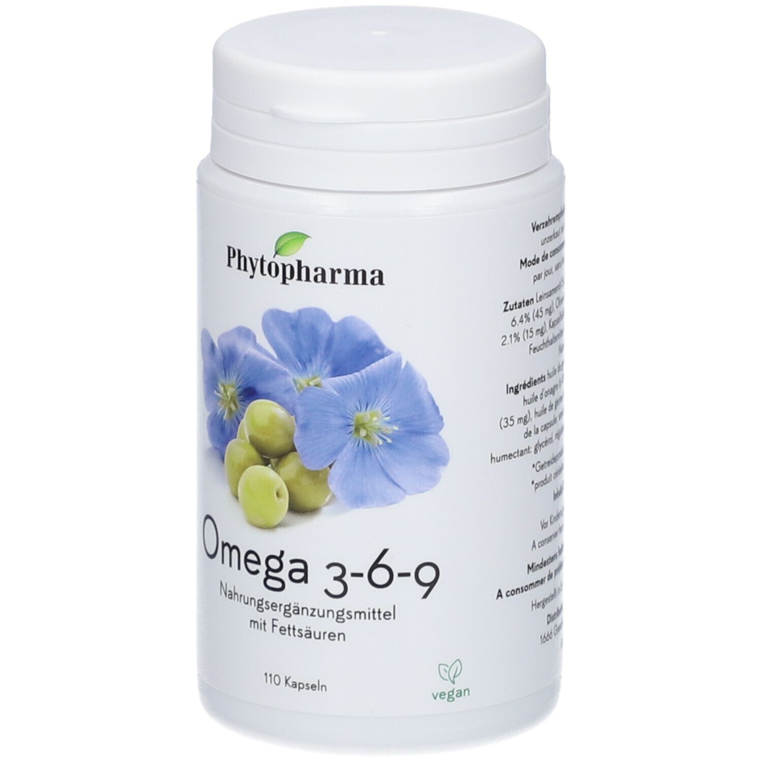 Weiße Flasche mit Omega 3-6-9 Kapseln. Aufdruck: Phytopharma, Blüten, Oliven, 110 Kapseln, vegan.