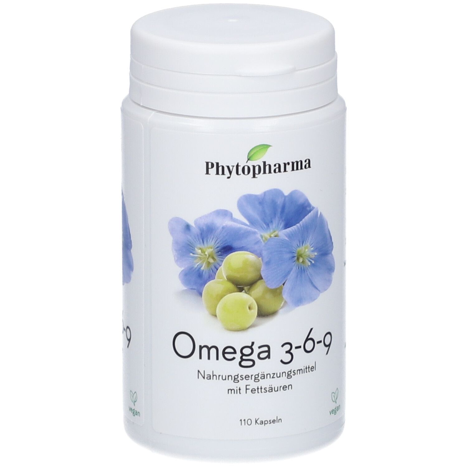 Weiße Flasche mit Omega 3-6-9 Kapseln. Aufdruck: Phytopharma, Blüten, Oliven, 110 Kapseln, vegan.