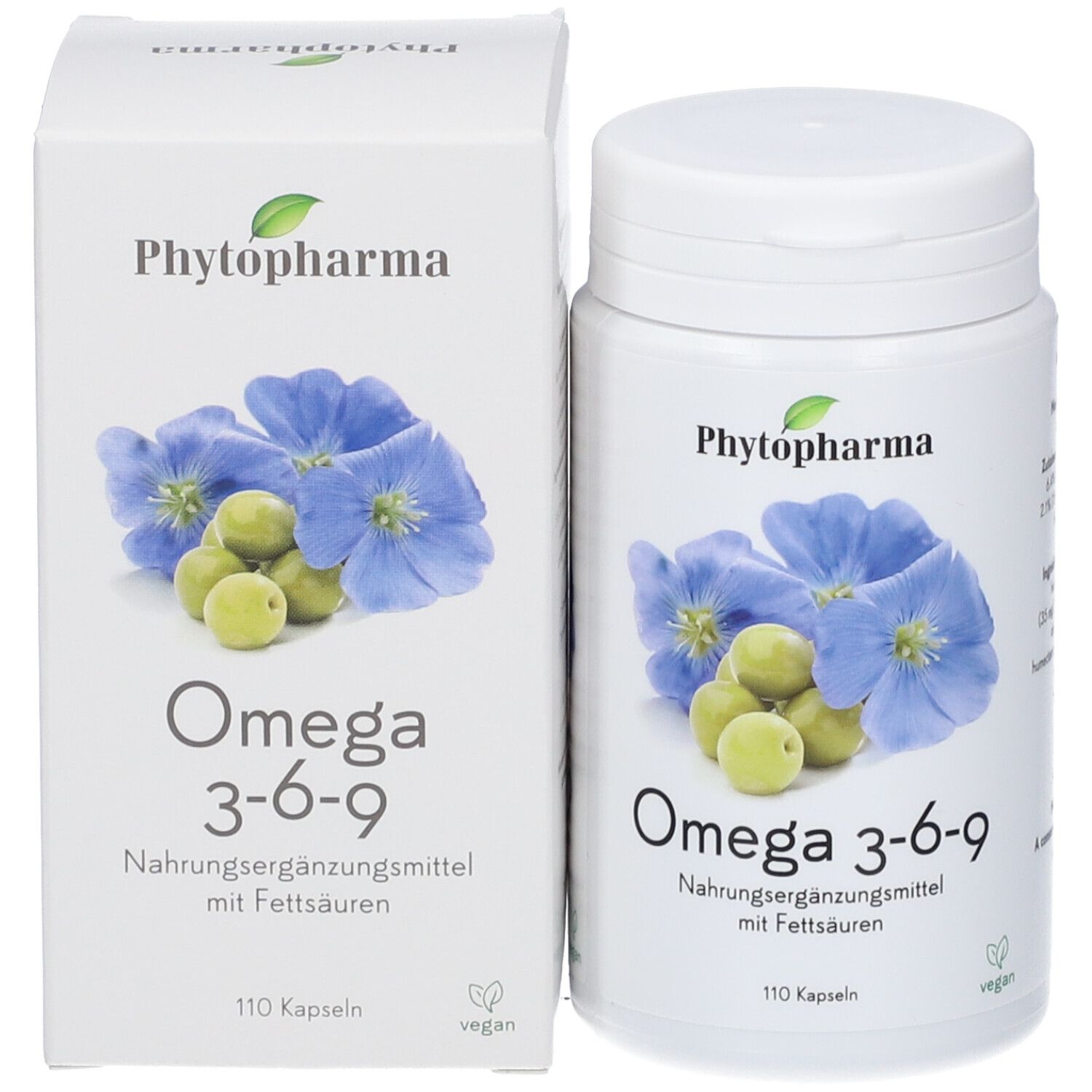 Produktverpackung: Flasche und Schachtel. Aufdruck: Phytopharma, Omega 3-6-9, 110 Kapseln, vegan.