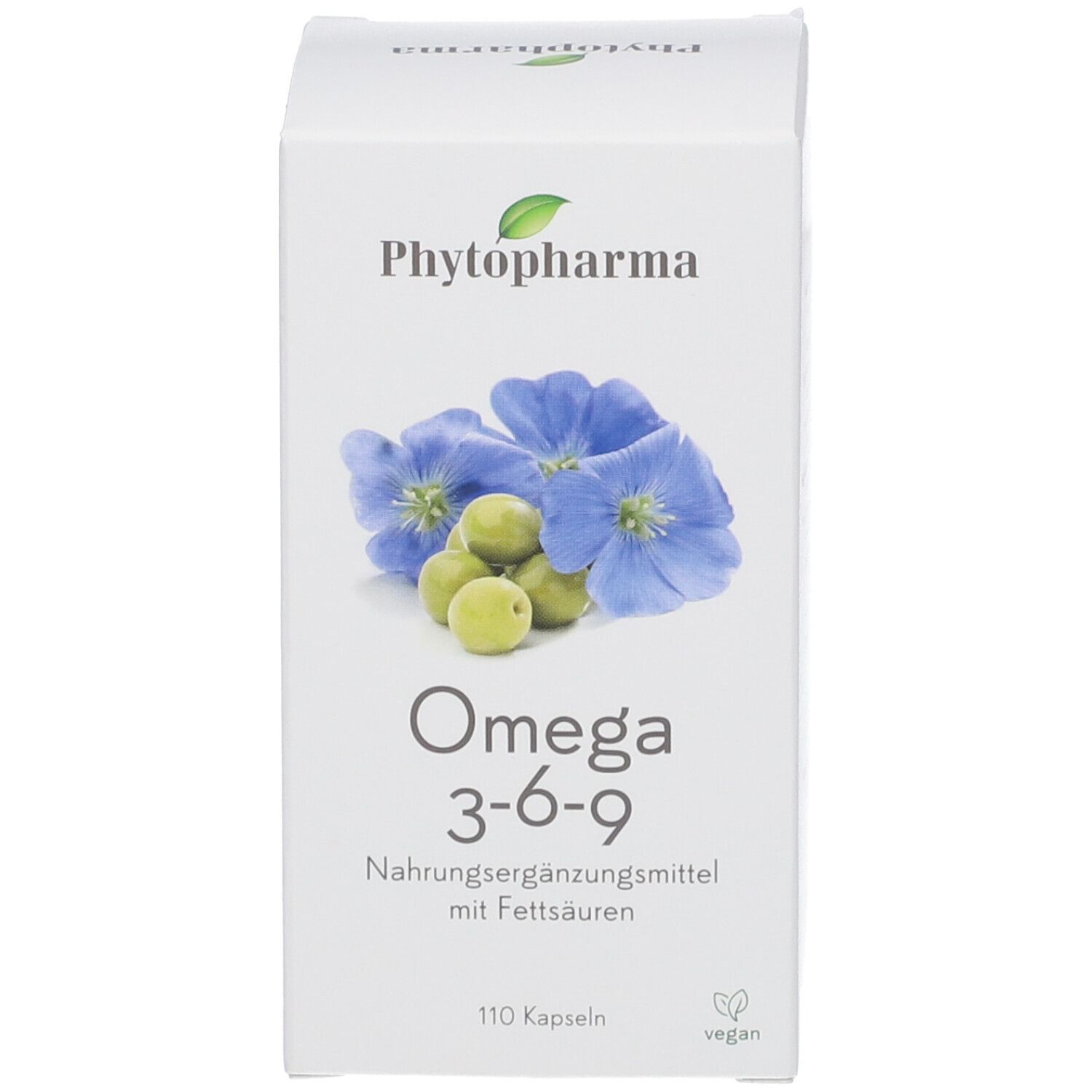 Produktverpackung: Schachtel. Aufdruck: Phytopharma, Omega 3-6-9, 110 Kapseln, vegan.