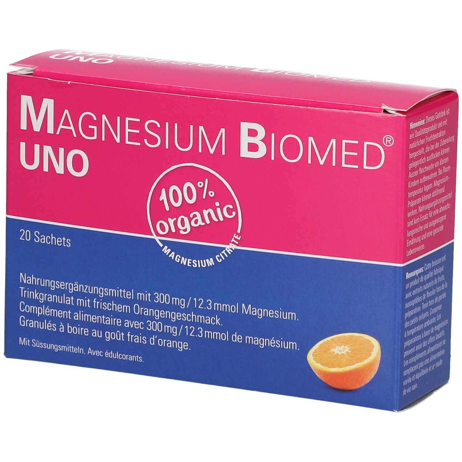 Magnesium Biomed UNO-Packung. Rosa-blaue Schachtel mit Produktnamen, 20 Sachets und Orangenabbildung.