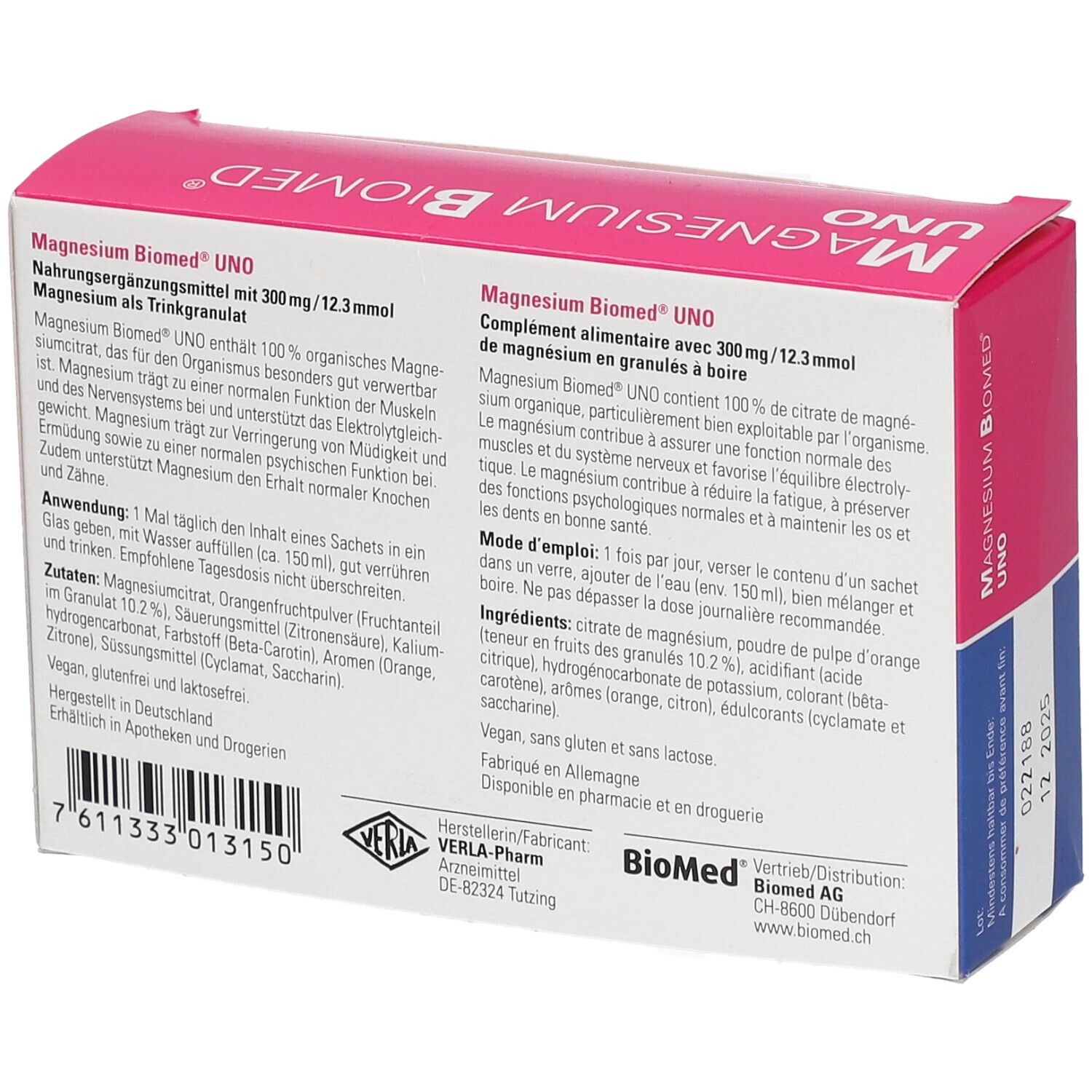 Rückseite der Magnesium Biomed UNO-Packung. Text in Deutsch und Französisch, Inhaltsangaben und Herstellerinformationen.