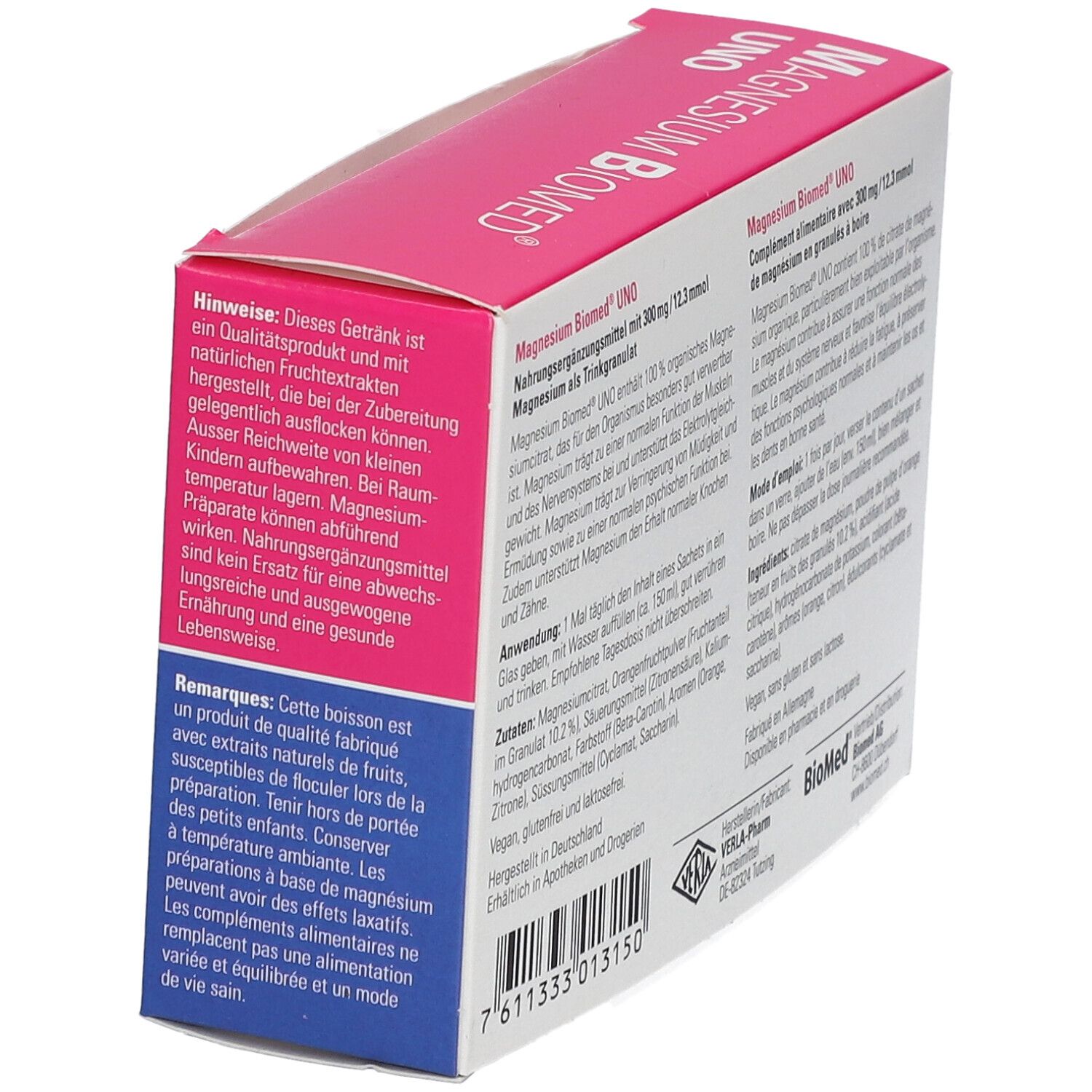 Magnesium Biomed UNO-Packung, schräg. Text in Deutsch und Französisch, Inhaltsangaben und Herstellerinformationen.
