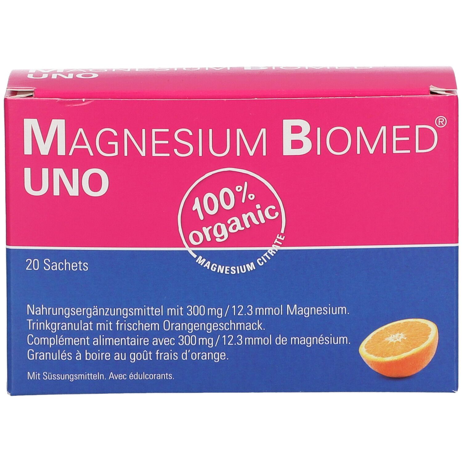 Magnesium Biomed UNO-Packung. Rosa-blaue Schachtel mit Produktnamen, 20 Sachets und Orangenabbildung.