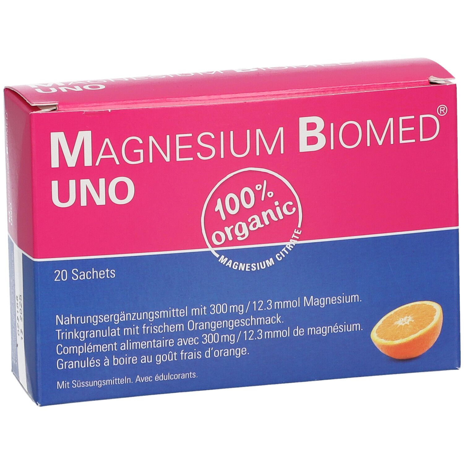Magnesium Biomed UNO-Packung. Rosa-blaue Schachtel mit Produktnamen, 20 Sachets und Orangenabbildung.