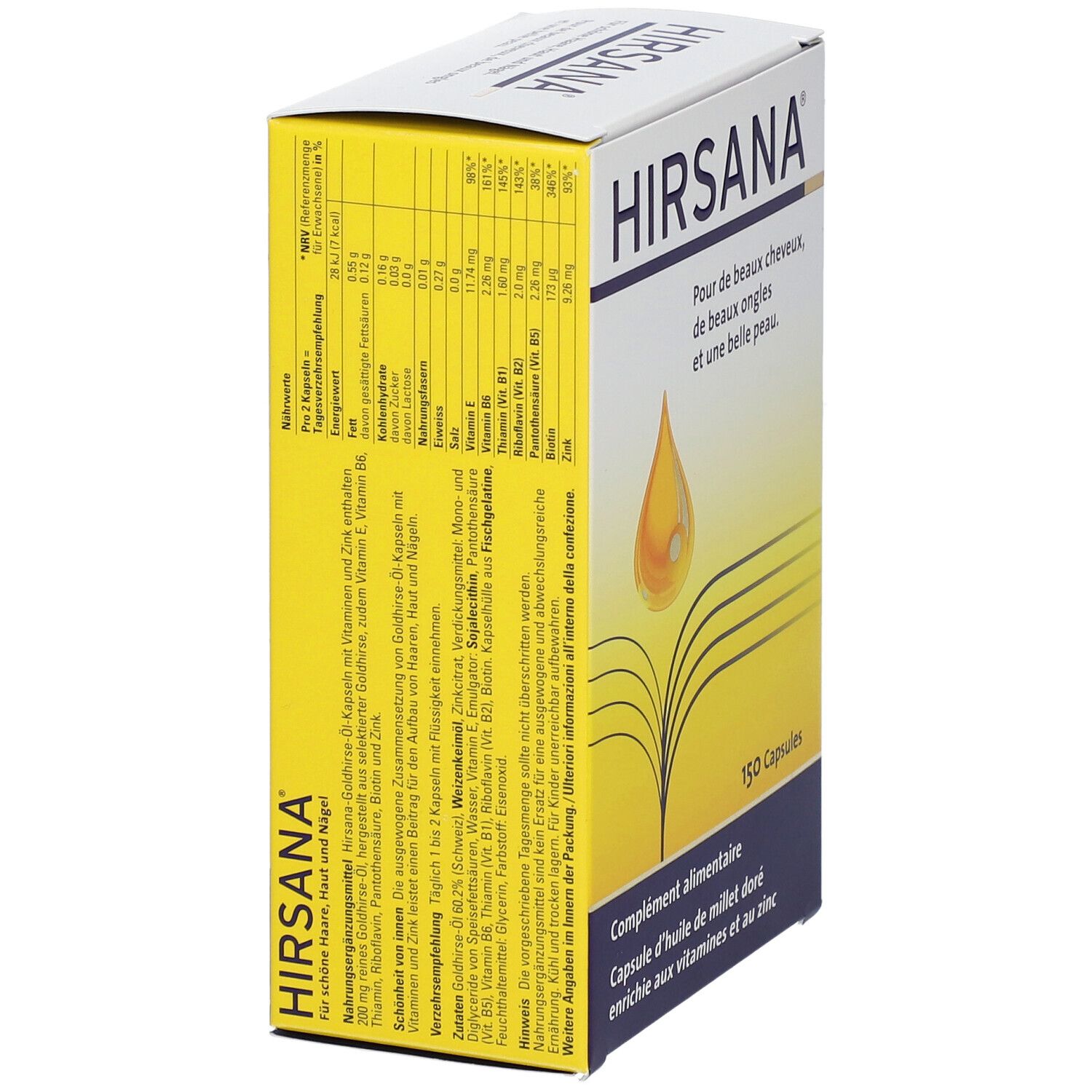 Hirsana Goldhirse-Öl-Kapseln: Nahrungsergänzungsmittel mit Vitaminen und Zink für Haare, Haut und Nägel. 150 Kapseln.