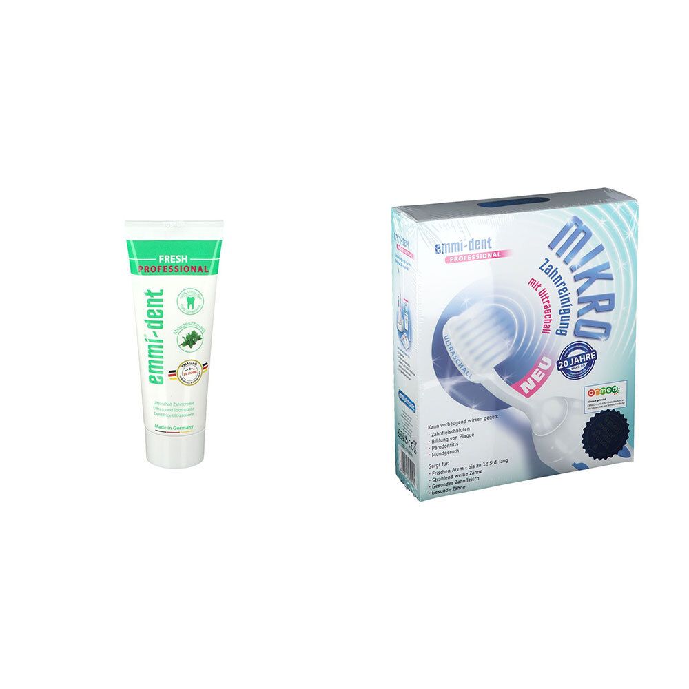 Zahnpasta-Tube und Verpackung für eine elektrische Zahnbürste. Auf der Tube steht "emmi-dent fresh". Auf der Verpackung steht "mikro".