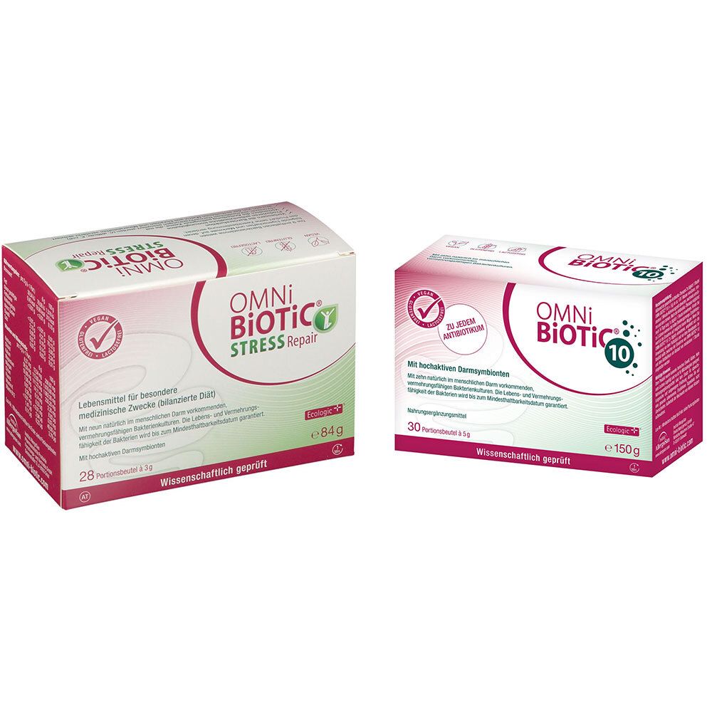 Deux boîtes OMNi-BiOTiC. L'une avec "STRESS Repair", l'autre avec "10". Logos rouges et texte.