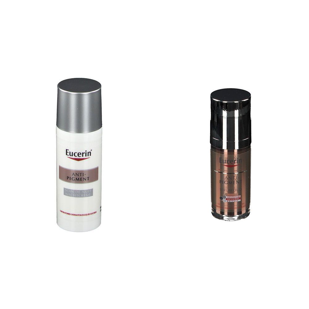 Zwei Flakons. Eucerin Anti-Pigment Serum Duo und Nachtpflege. Weiß und braun, mit silbernen und schwarzen Deckeln. Beschriftung.